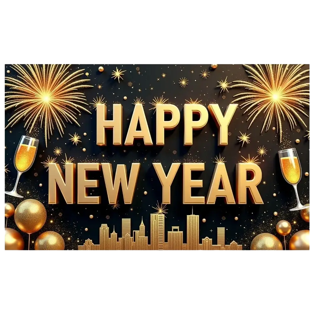 Golden happy new year banner with glittering fireworks champagne flutes and metallic balloons for 2026 party backdrop