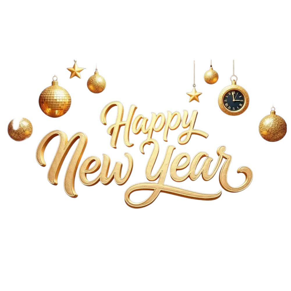 Golden happy new year lettering with shiny metallic finish on 2026 new year party backdrop banner decoration