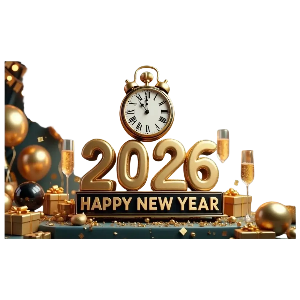 Golden pocket watch with roman numerals and classic bell-top design against festive 2026 new year party backdrop banner decoration