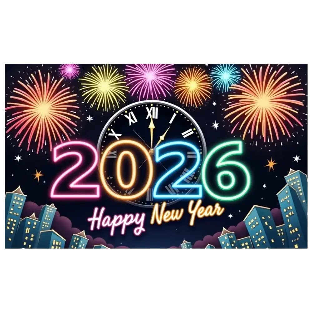 Neon-lit 2026 new year party backdrop banner decoration featuring a glowing clock and colorful fireworks countdown graphic