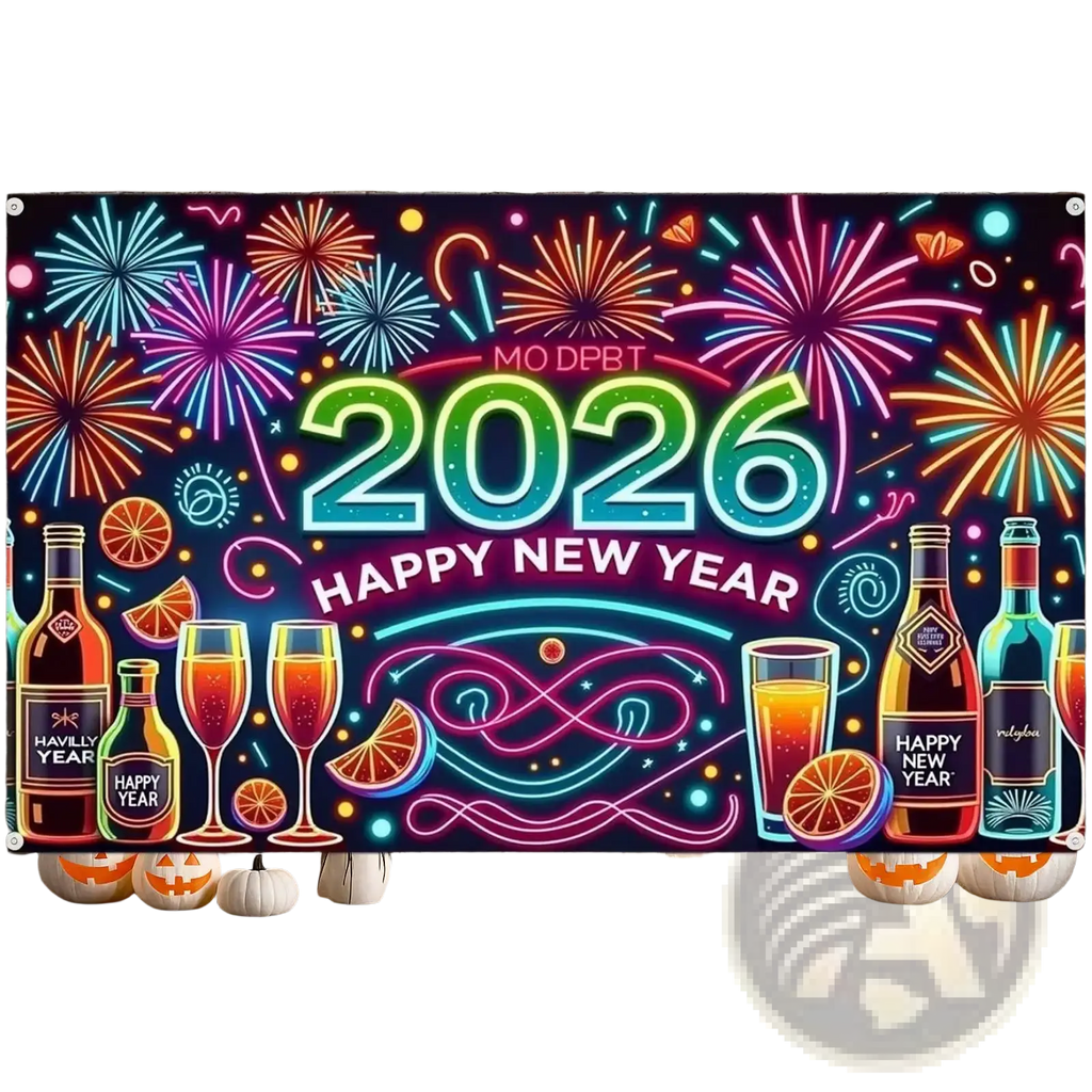 Neon-lit 2026 new year party backdrop banner with vibrant fireworks champagne bottles glasses and festive typography