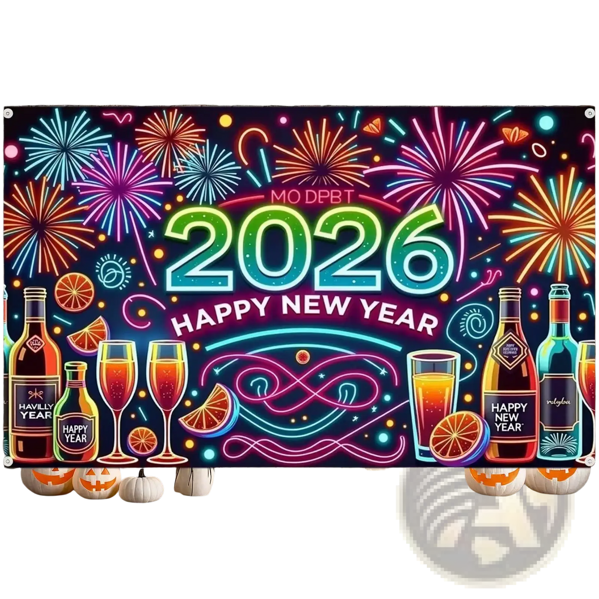 Neon-lit 2026 new year party backdrop banner with vibrant fireworks champagne bottles glasses and festive typography