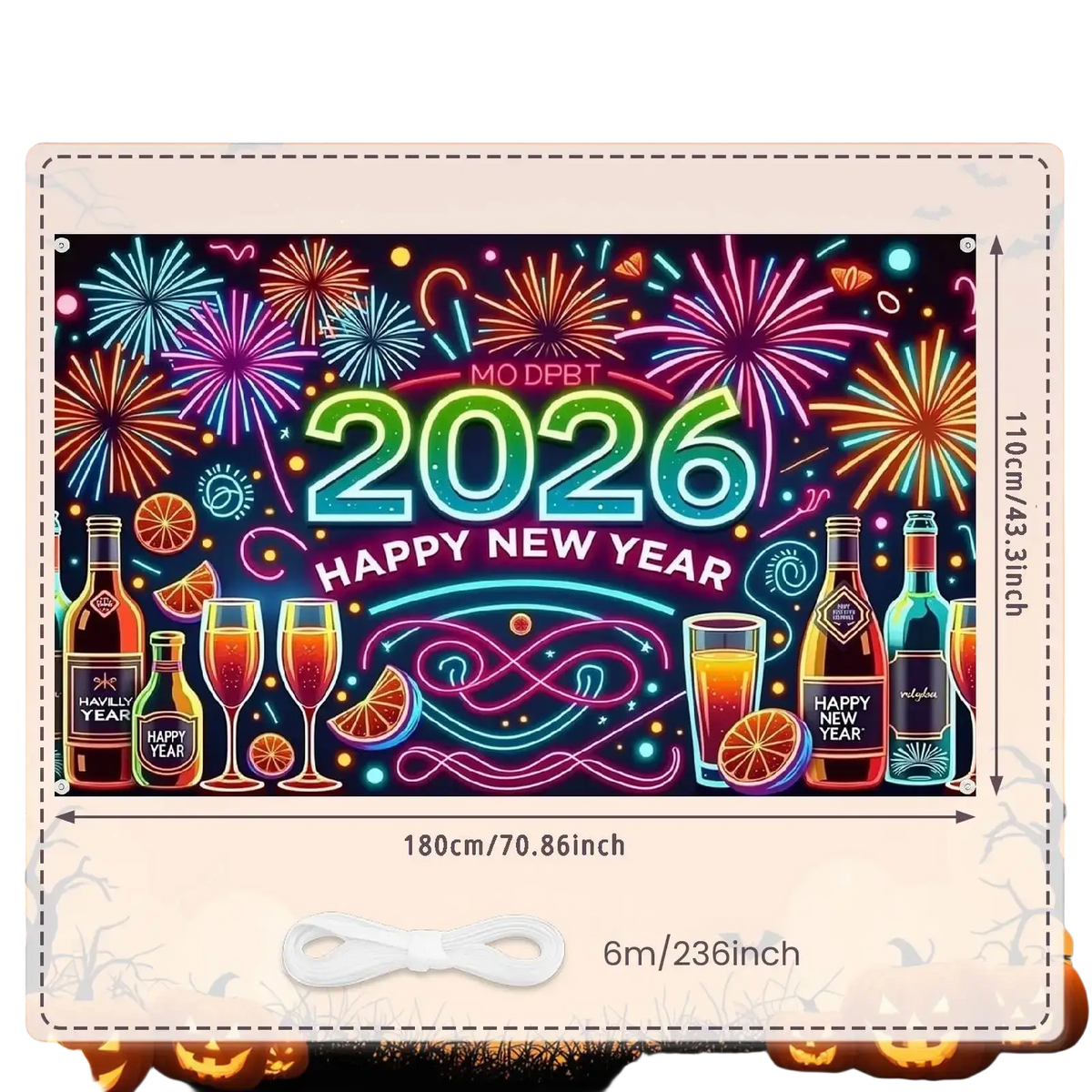 Neon-style 2026 new year party backdrop banner with vibrant fireworks cocktails and bottles on festive background