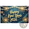 Golden happy new year 2026 text with festive fireworks and bunting on dark blue starry sky party backdrop banner