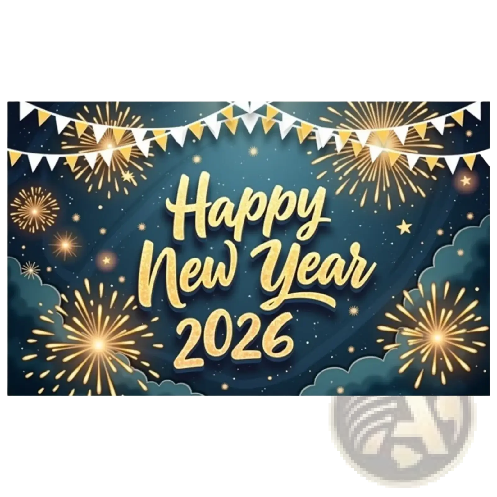 Golden happy new year 2026 text with festive fireworks and bunting on dark blue starry sky party backdrop banner