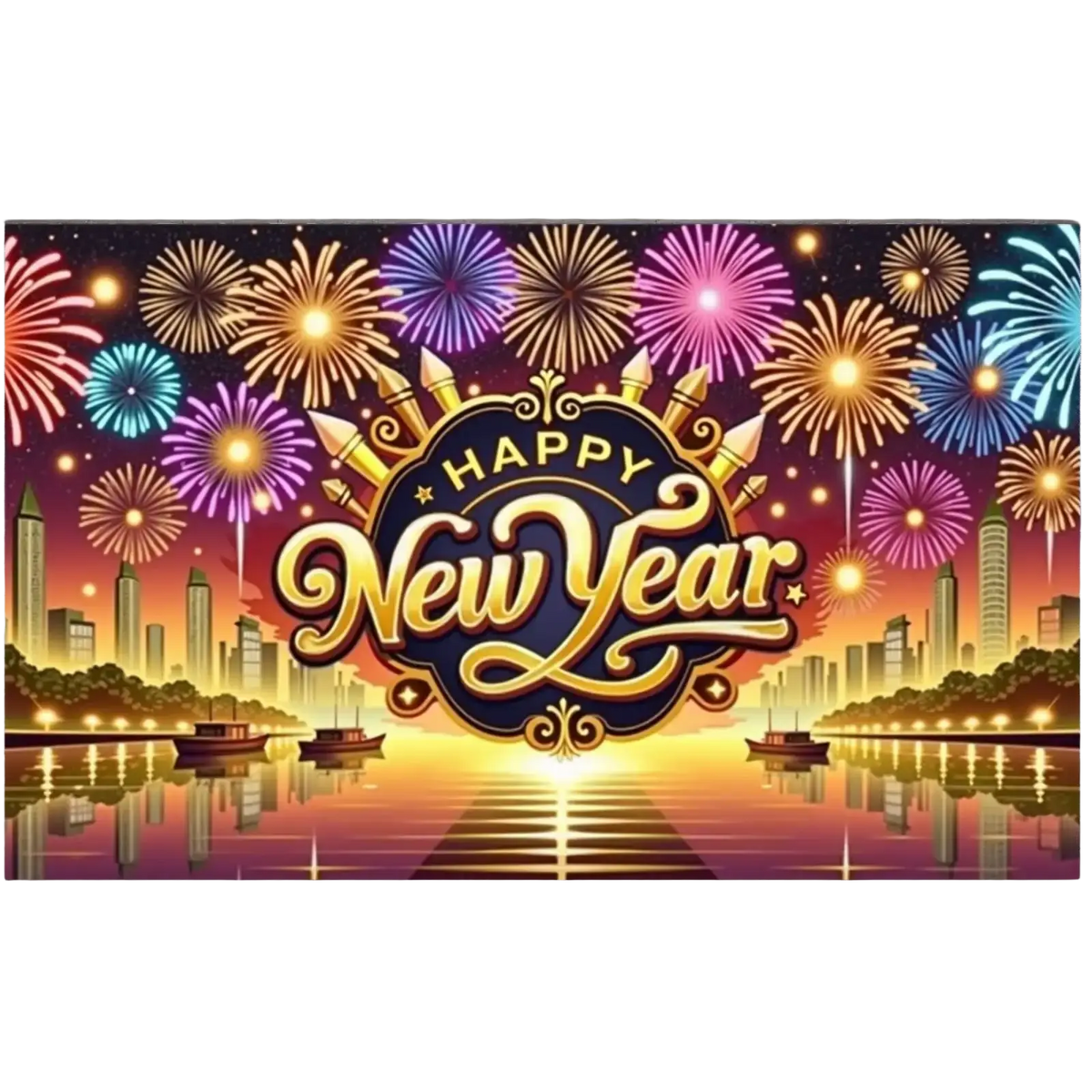 2026 new year party backdrop banner decoration with golden cursive letters on dark blue oval and colorful fireworks