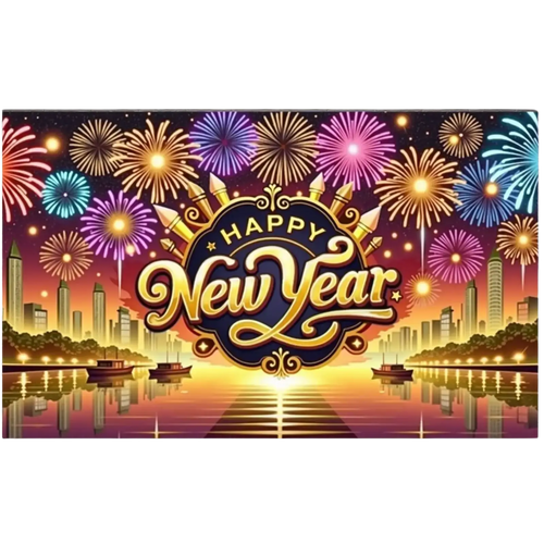 2026 new year party backdrop banner decoration with golden cursive letters on dark blue oval and colorful fireworks