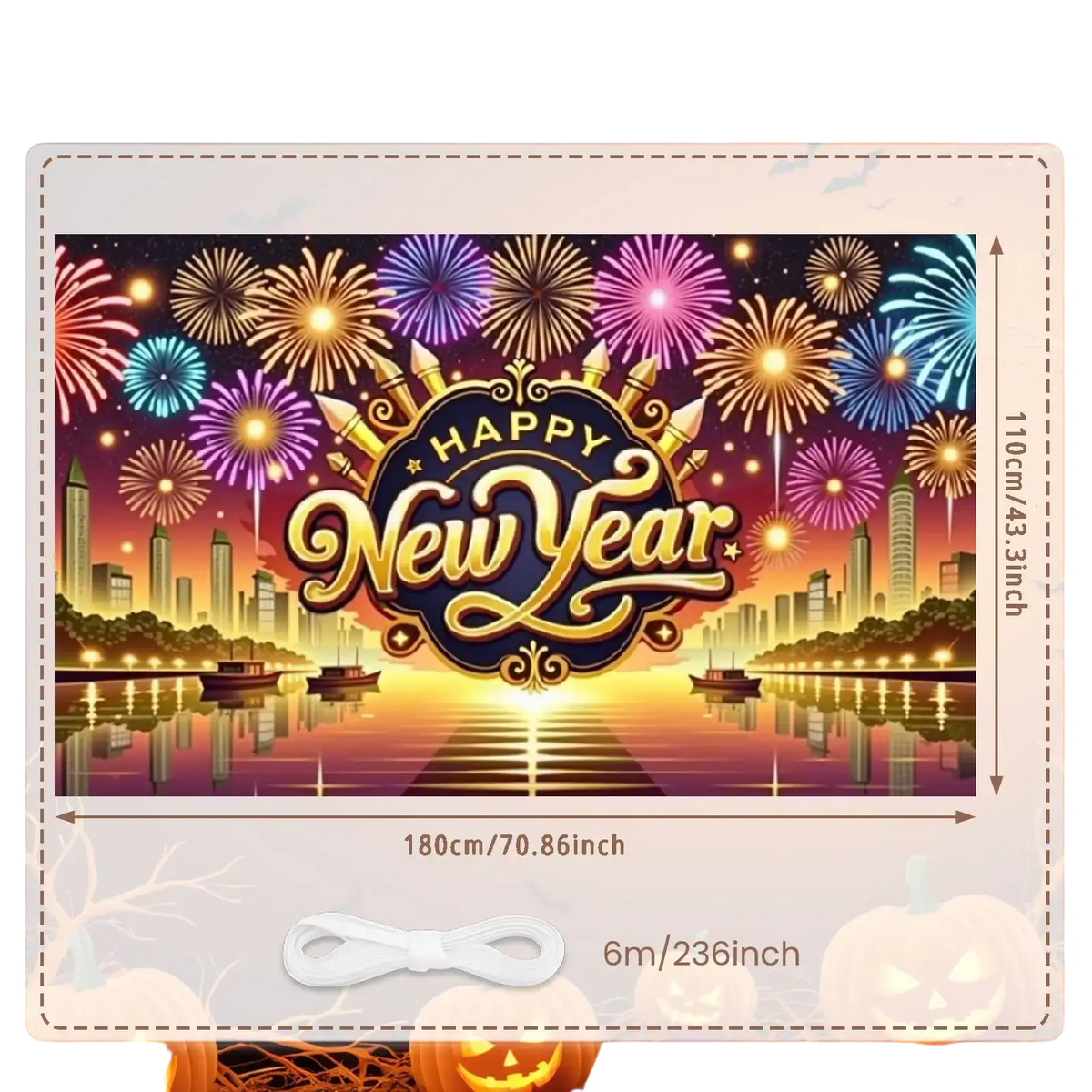 2026 new year party backdrop banner decoration with golden cursive lettering and city skyline fireworks design