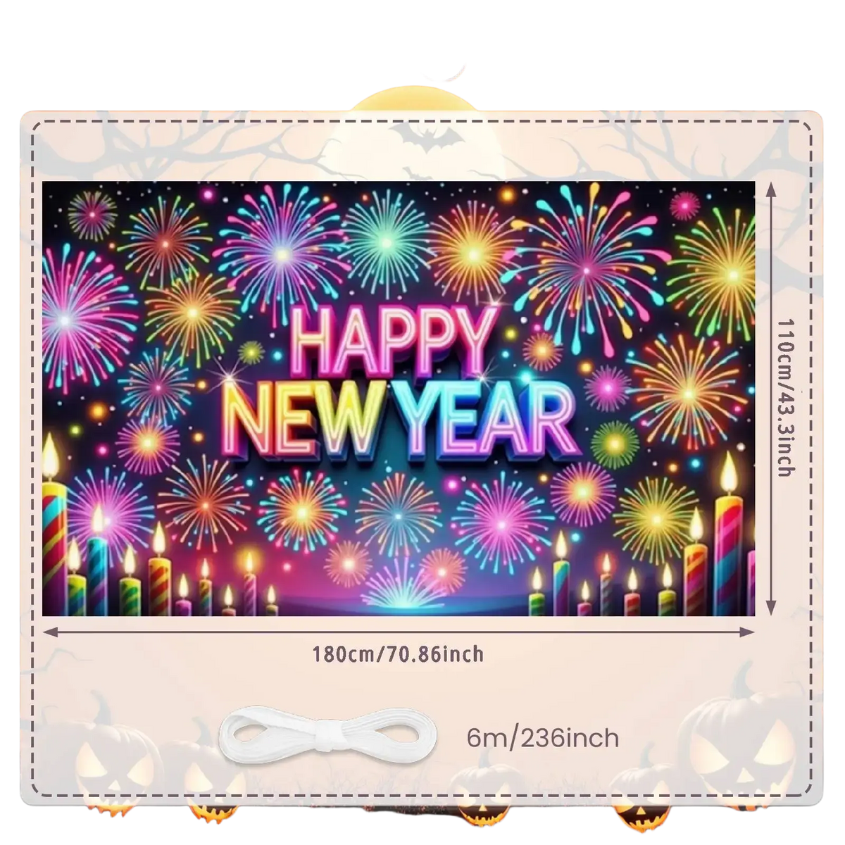 2026 new year party backdrop banner decoration with vibrant happy new year text colorful fireworks and candles on black background