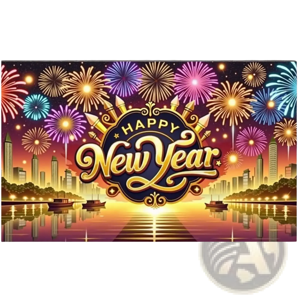 2026 new year party backdrop banner decoration with golden cursive letters on dark blue oval and colorful fireworks