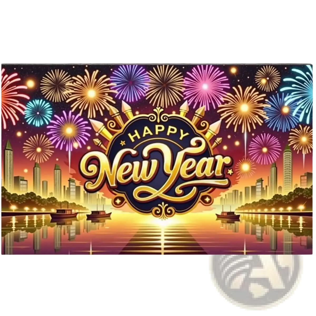 2026 new year party backdrop banner decoration with golden cursive letters on dark blue oval and colorful fireworks