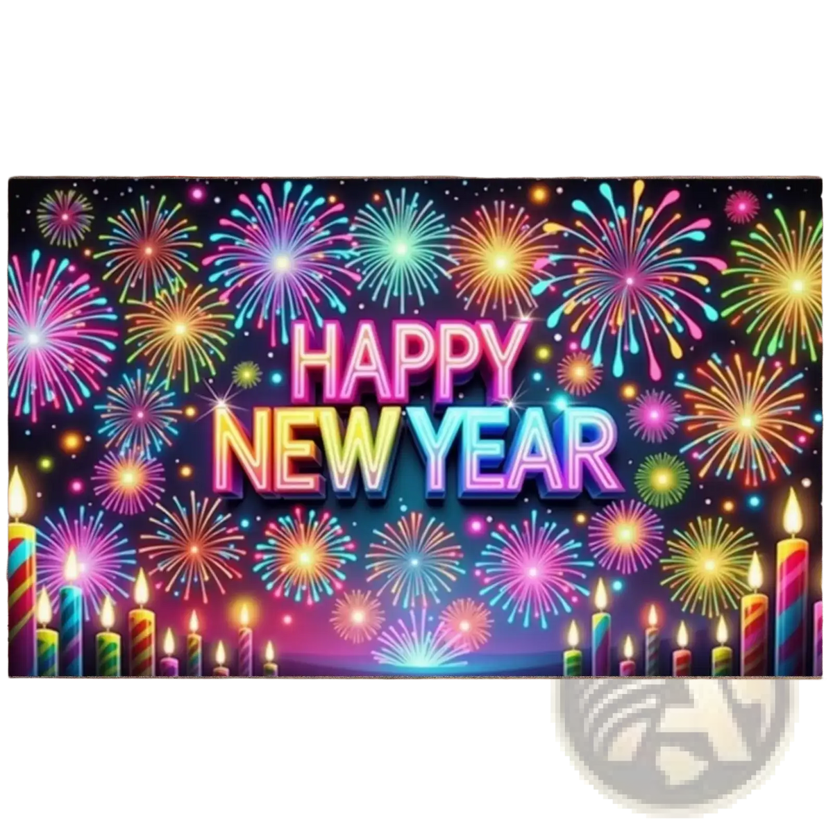 Vibrant neon 2026 new year party backdrop banner with colorful fireworks and candles for festive decoration