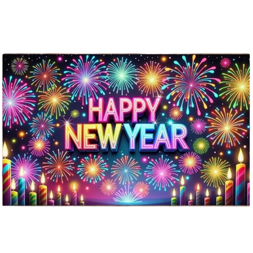 Vibrant neon 2026 new year party backdrop banner with colorful fireworks and candles for festive decoration