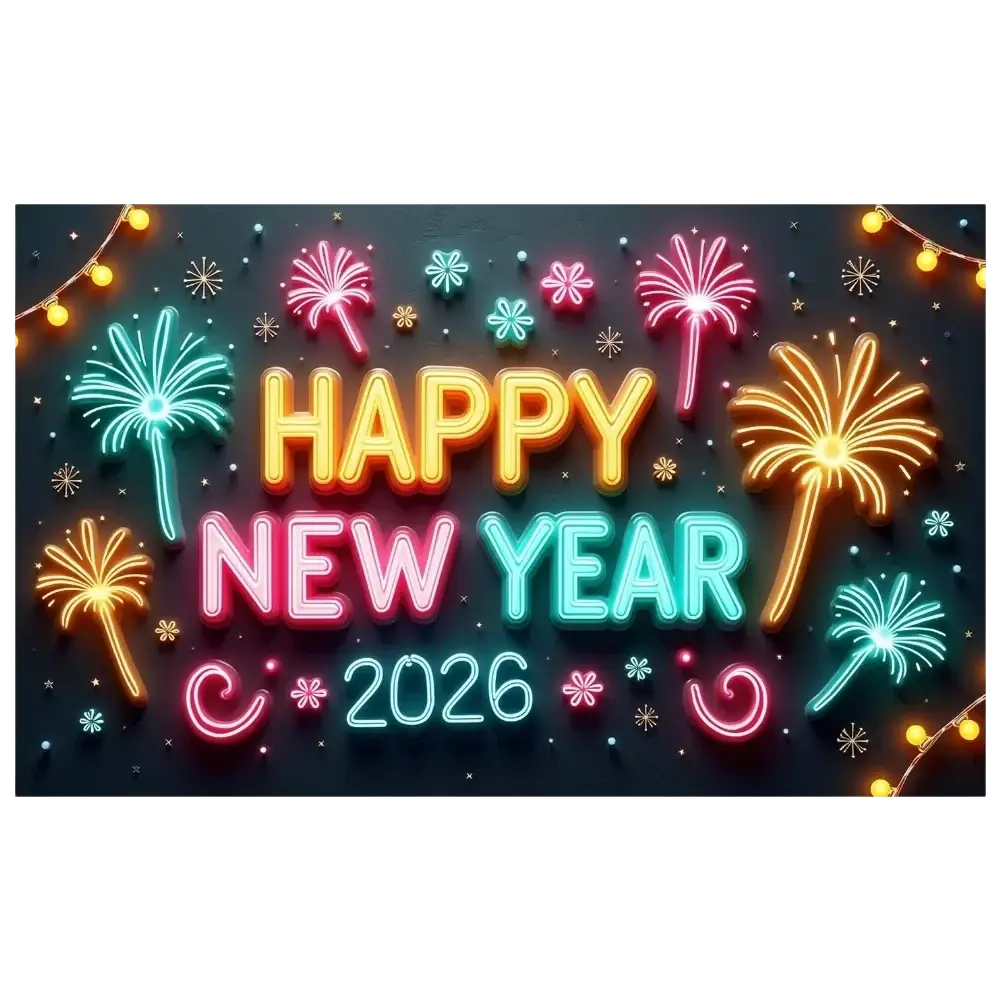 Vibrant neon 2026 new year party backdrop banner with glowing yellow pink cyan lettering and colorful fireworks design