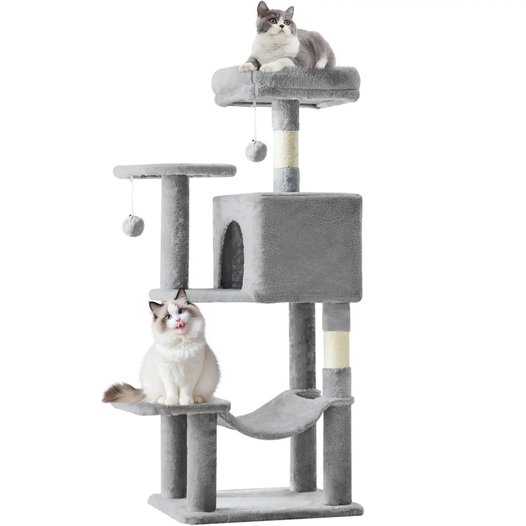 Gray plush 44 inch multi-level cat tree tower with sisal scratching posts and platforms for cats.