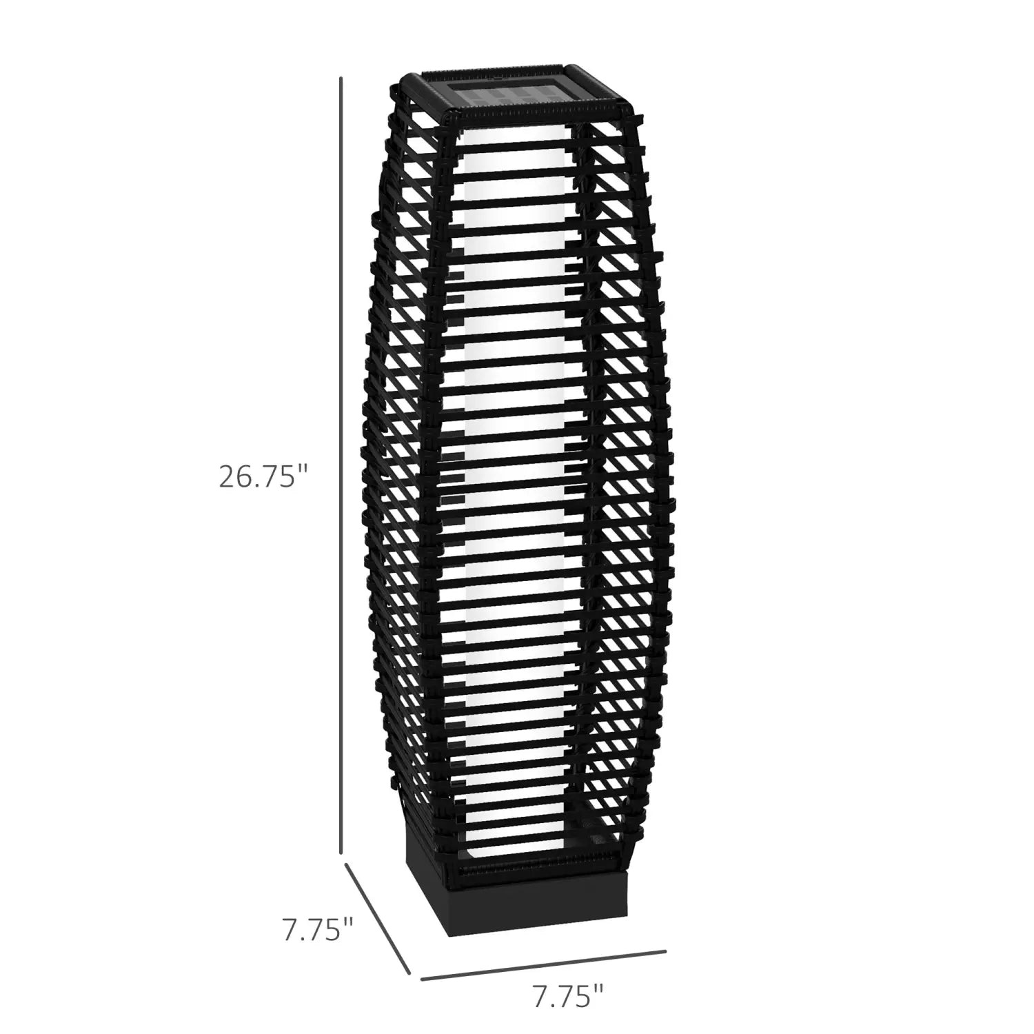 black solar-powered outdoor lantern with a modern slatted rattan design and rectangular base for garden path lighting