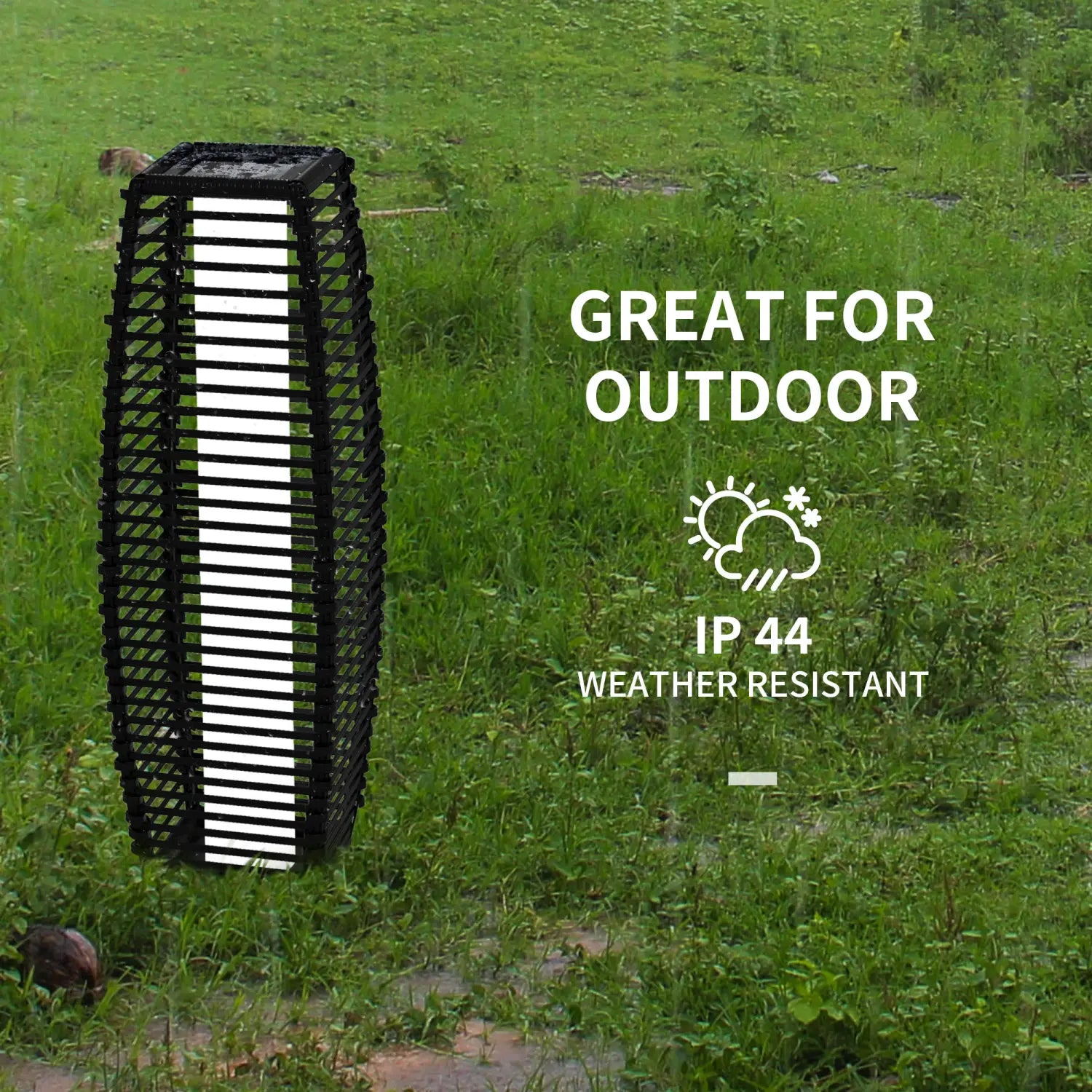 black lattice solar floor lamp with vertical striped rattan pattern for outdoor garden path lighting