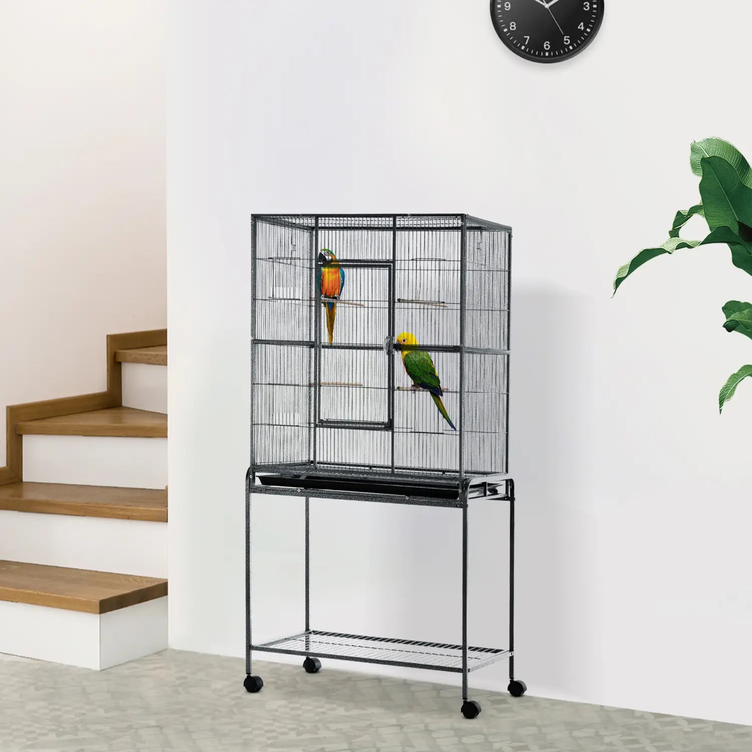 Jaula para aves con ruedas, con soporte desmontable y estante