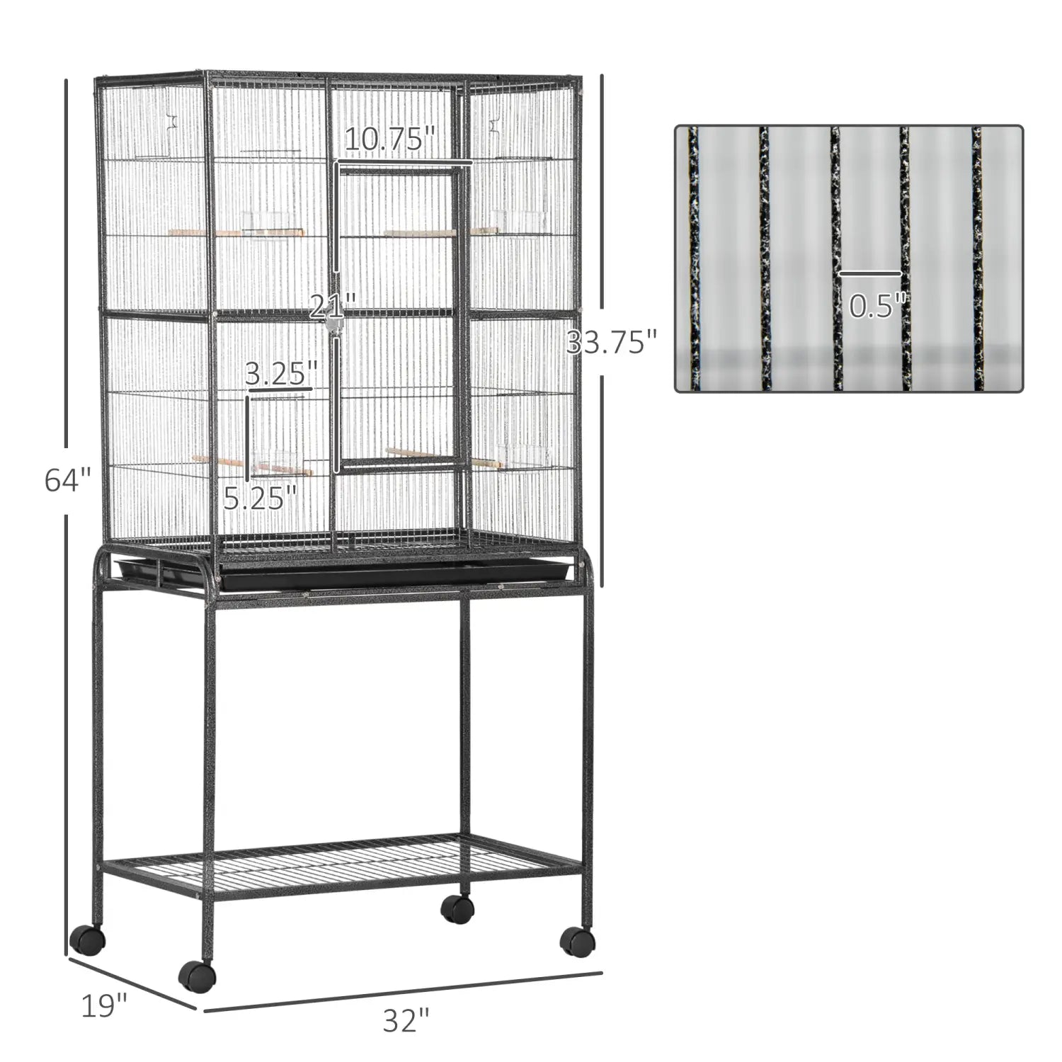 Jaula para aves con ruedas, con soporte desmontable y estante