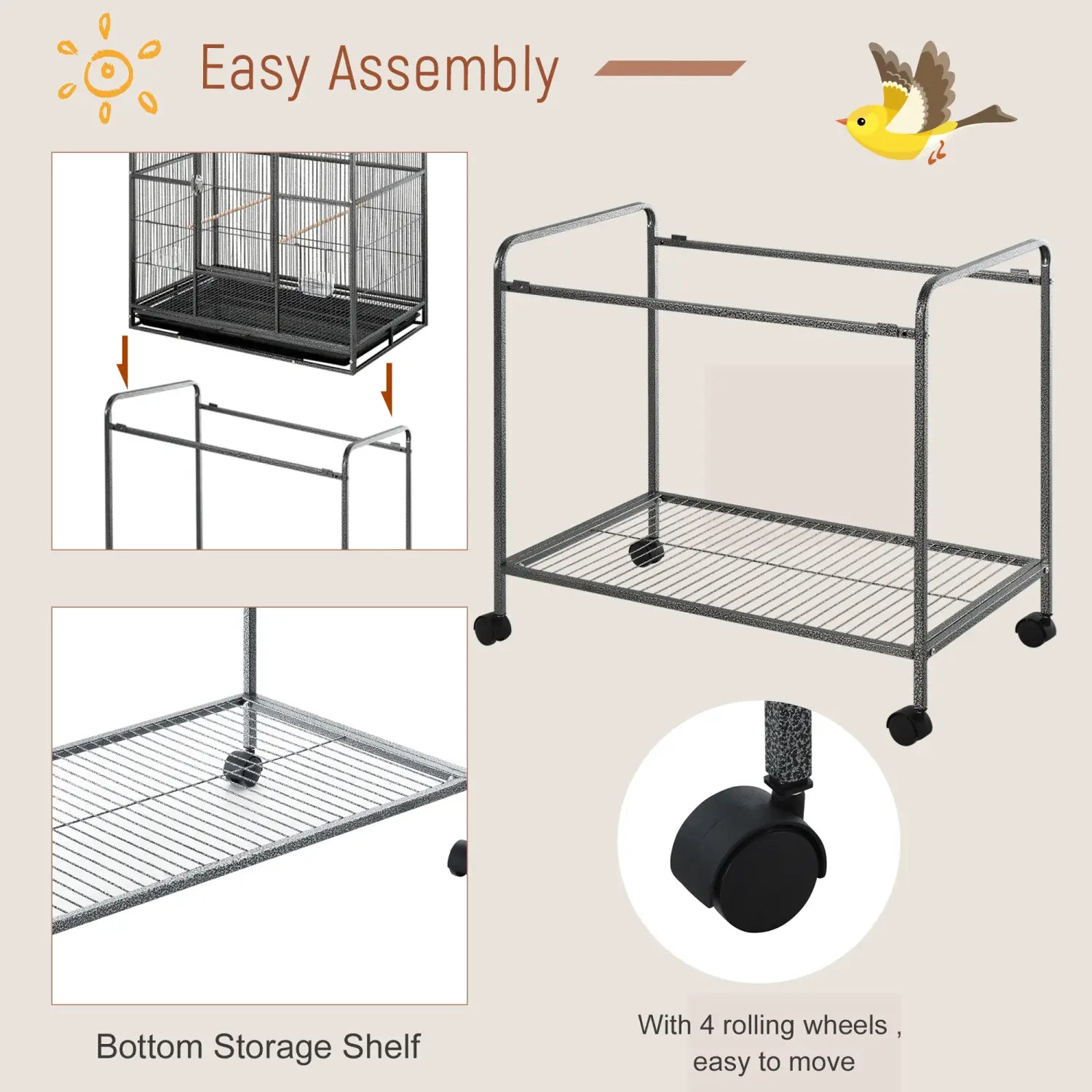 Jaula para aves con ruedas, con soporte desmontable y estante