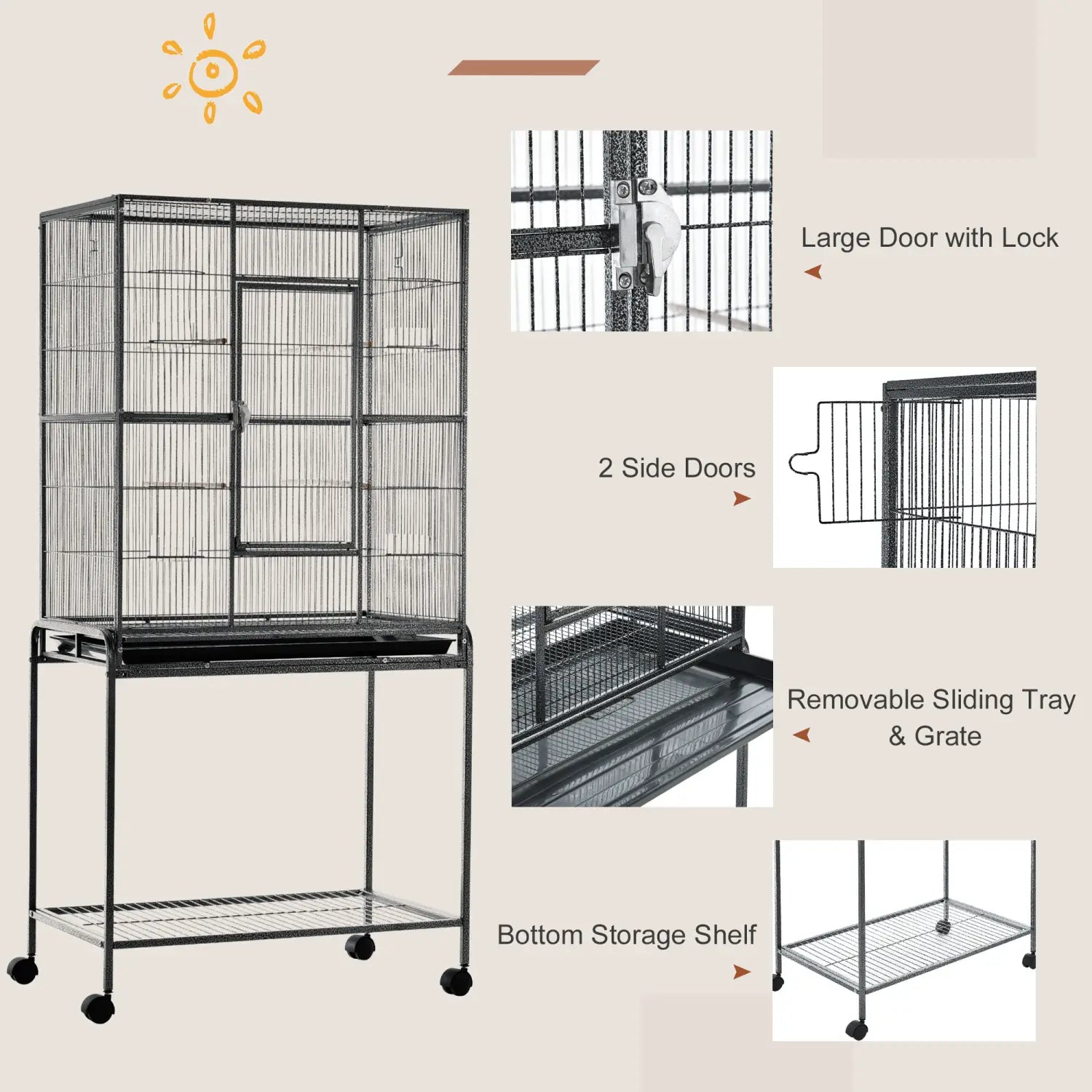 Jaula para aves con ruedas, con soporte desmontable y estante