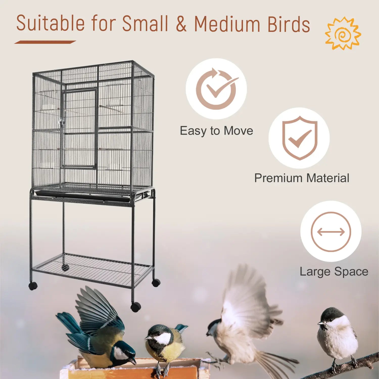 Jaula para aves con ruedas, con soporte desmontable y estante