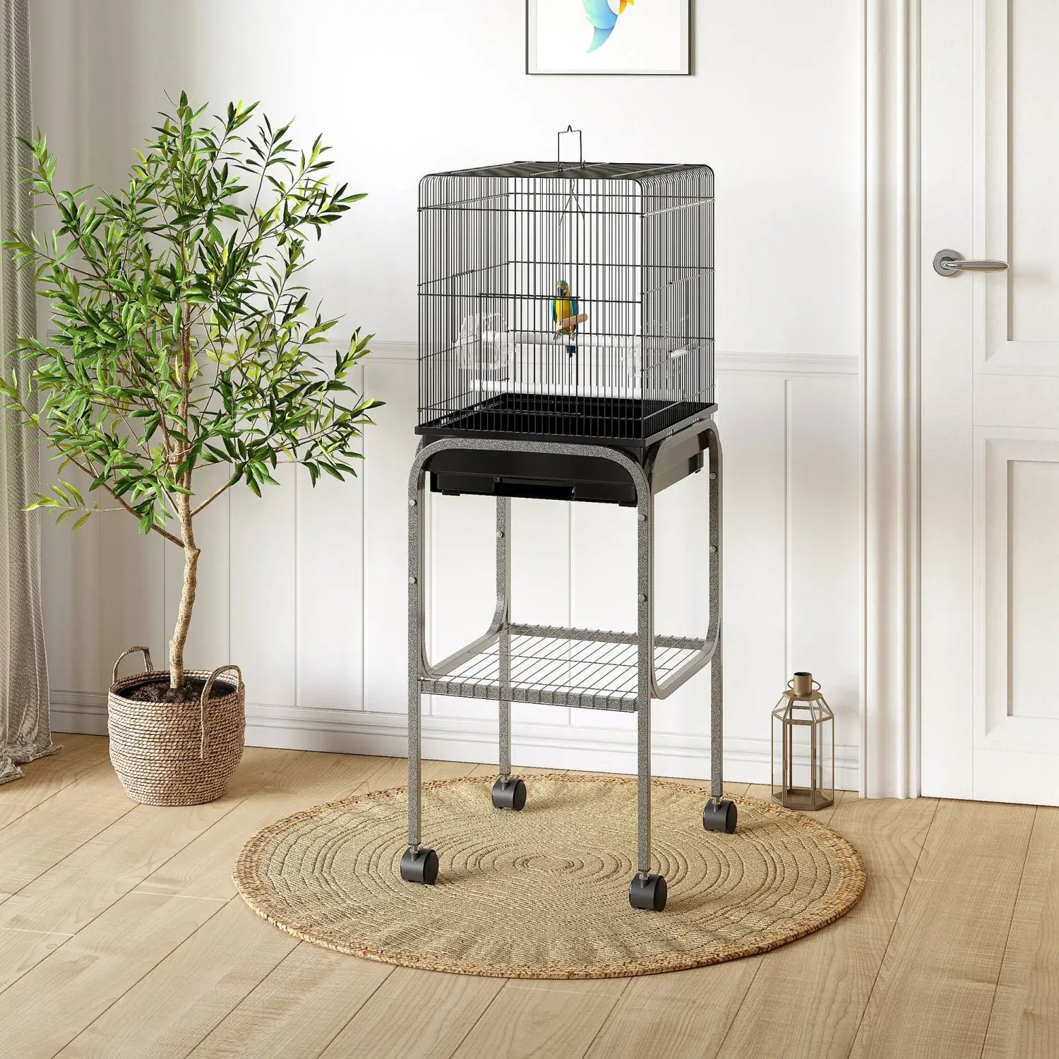 Jaula para aves metálica de 45 pulgadas con soporte rodante, color negro