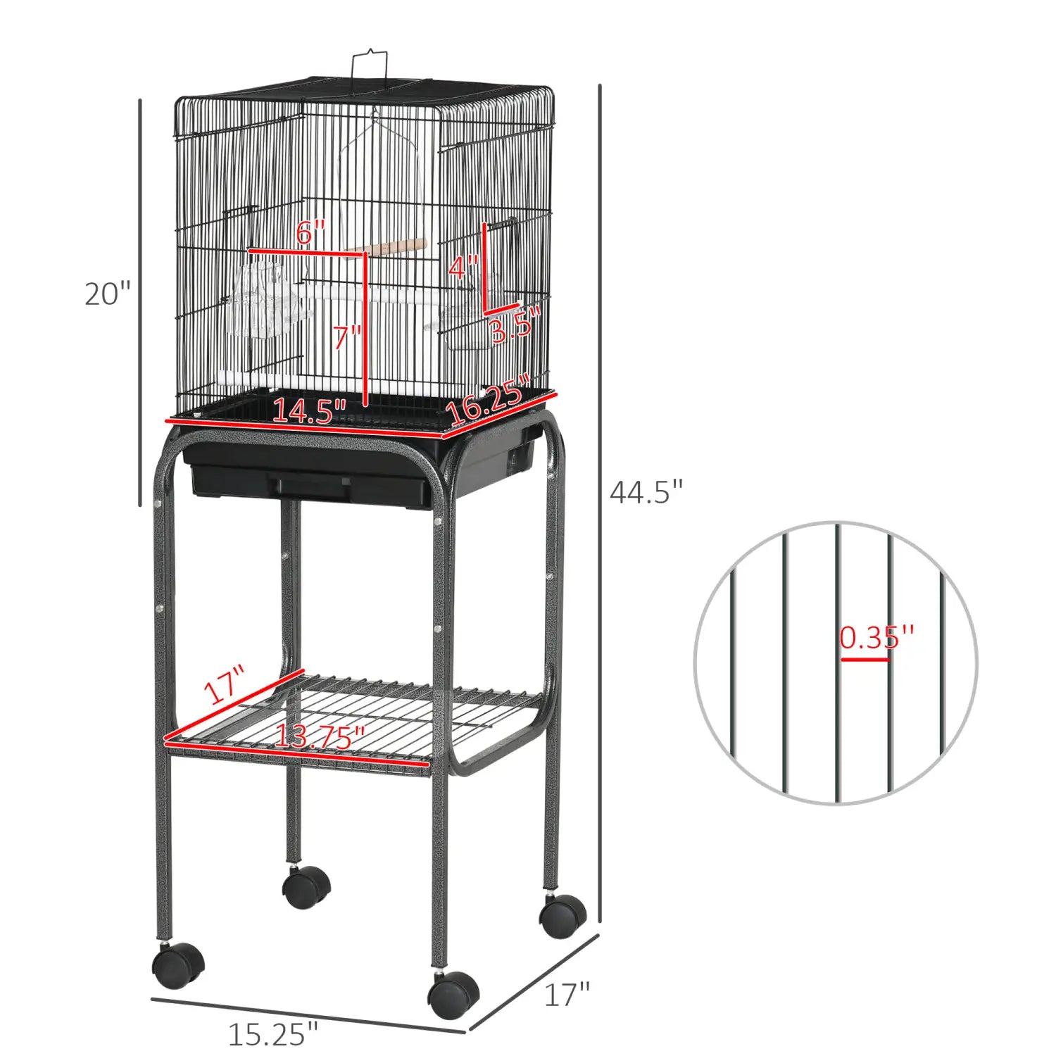 Jaula para aves metálica de 45 pulgadas con soporte rodante, color negro
