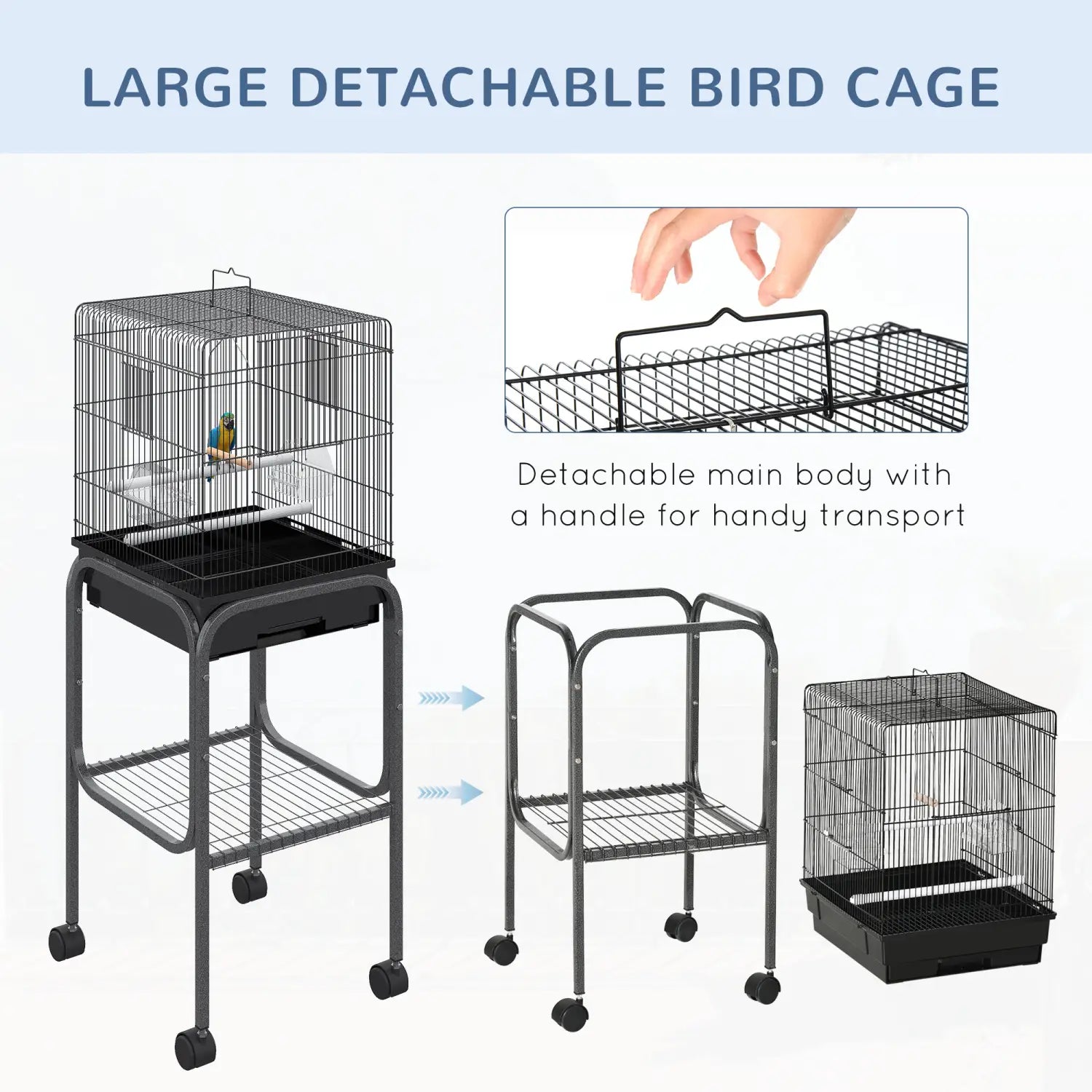 Jaula para aves metálica de 45 pulgadas con soporte rodante, color negro