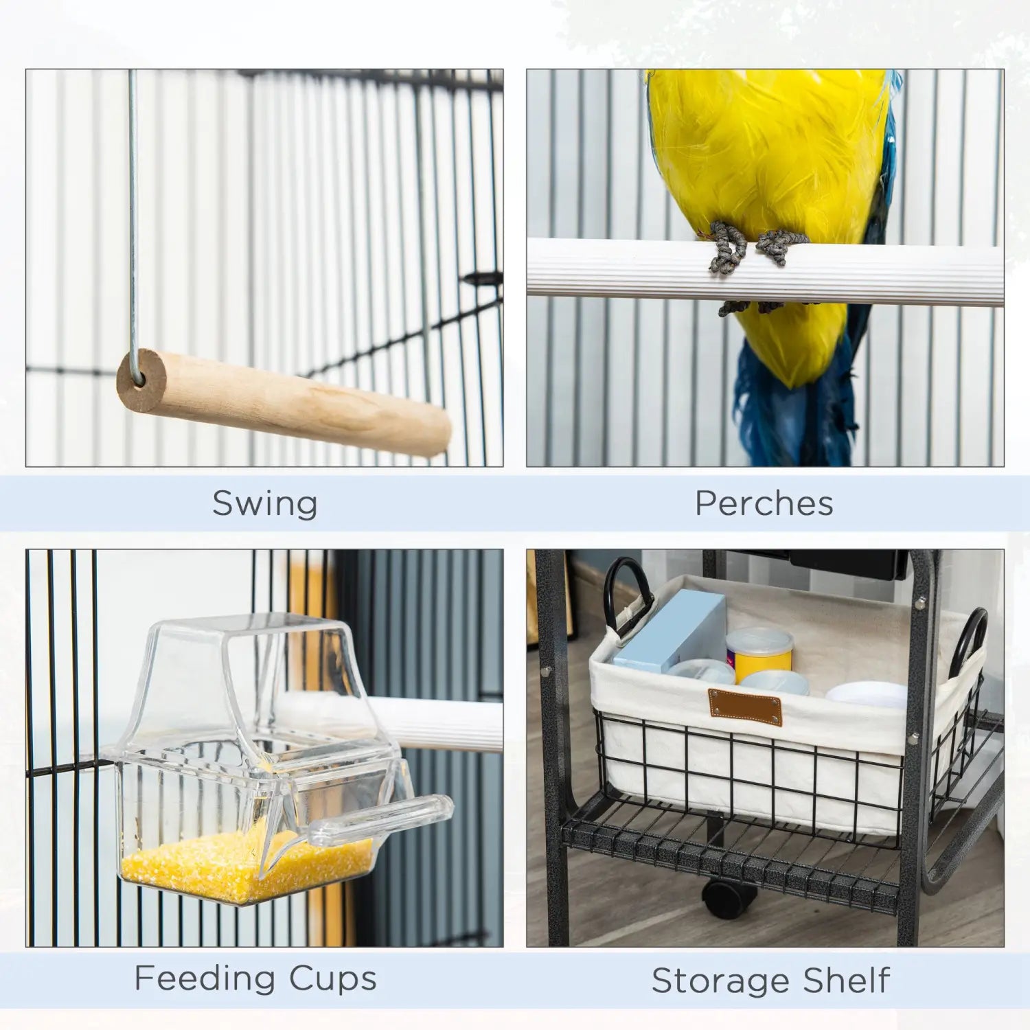 Jaula para aves metálica de 45 pulgadas con soporte rodante, color negro