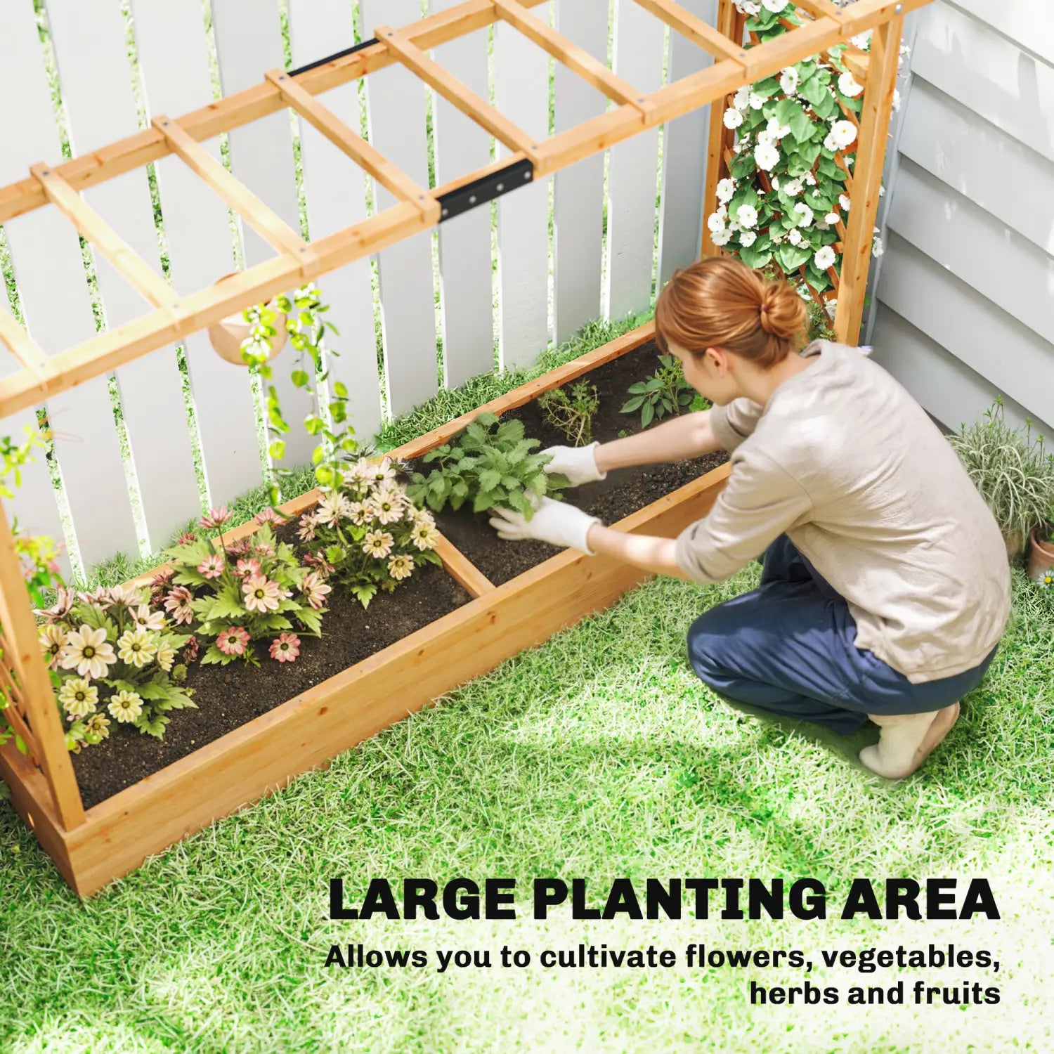 Caja de jardinería elevada de madera color marrón claro con lecho de jardín integrado, enrejado y techo colgante para la jardinería al aire libre.