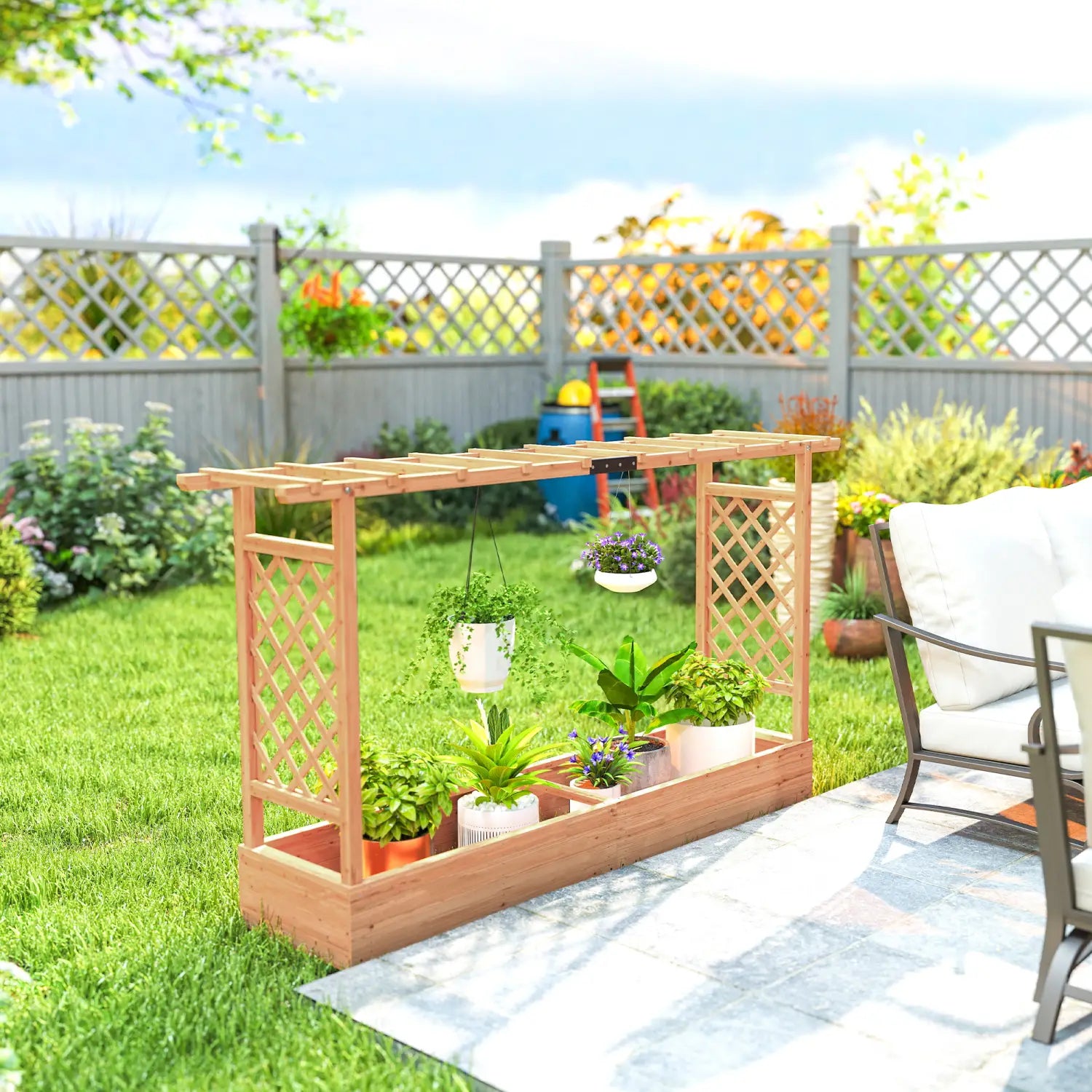 Caja de jardinería de madera color marrón claro con enrejado y techo colgante, con diseño de celosía y caja de plantación integrada para uso en el jardín.