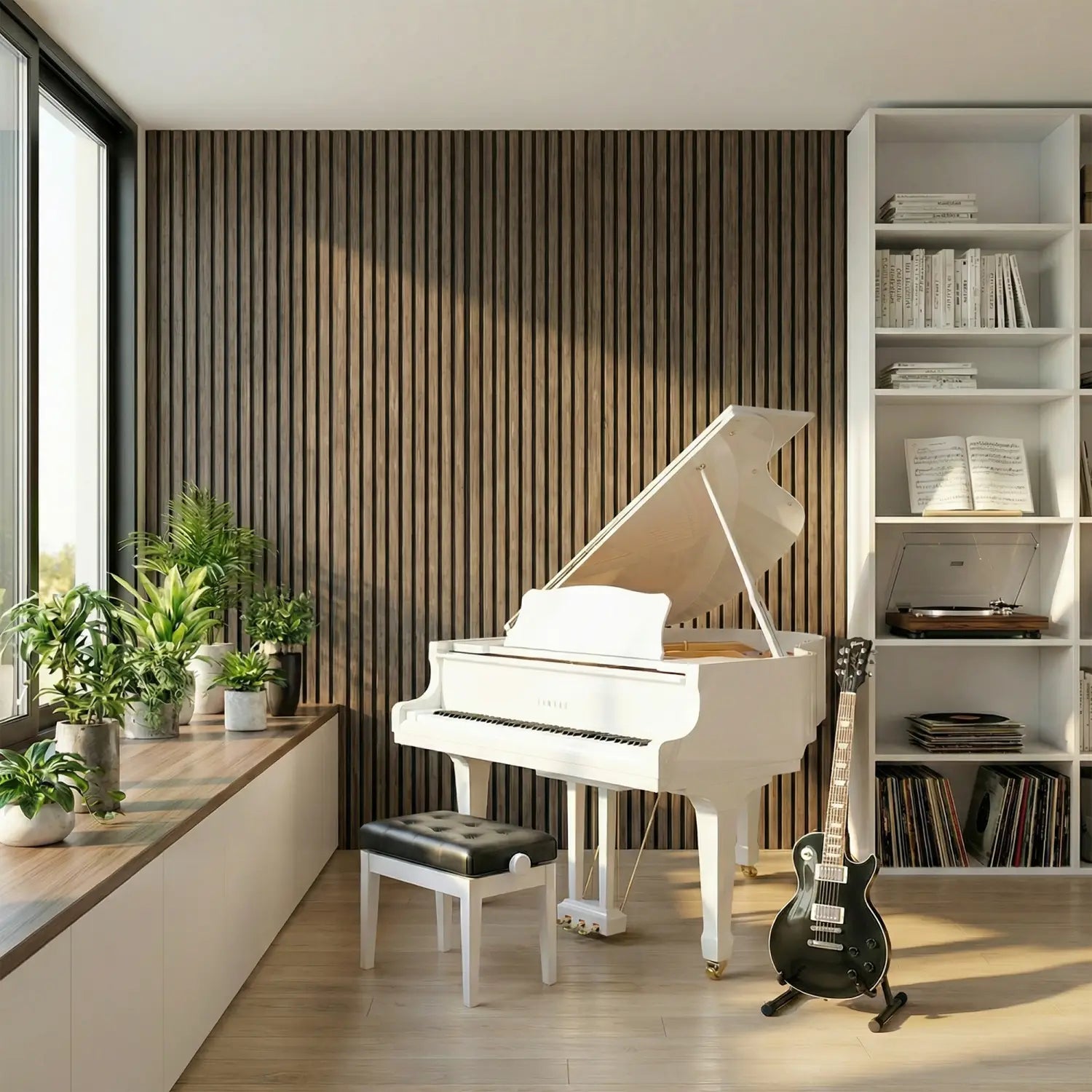 Piano de cola blanco de acabado brillante y curvas elegantes, colocado contra paneles de pared de listones de madera acústica de nogal, paquete de 4 en madera oscura.