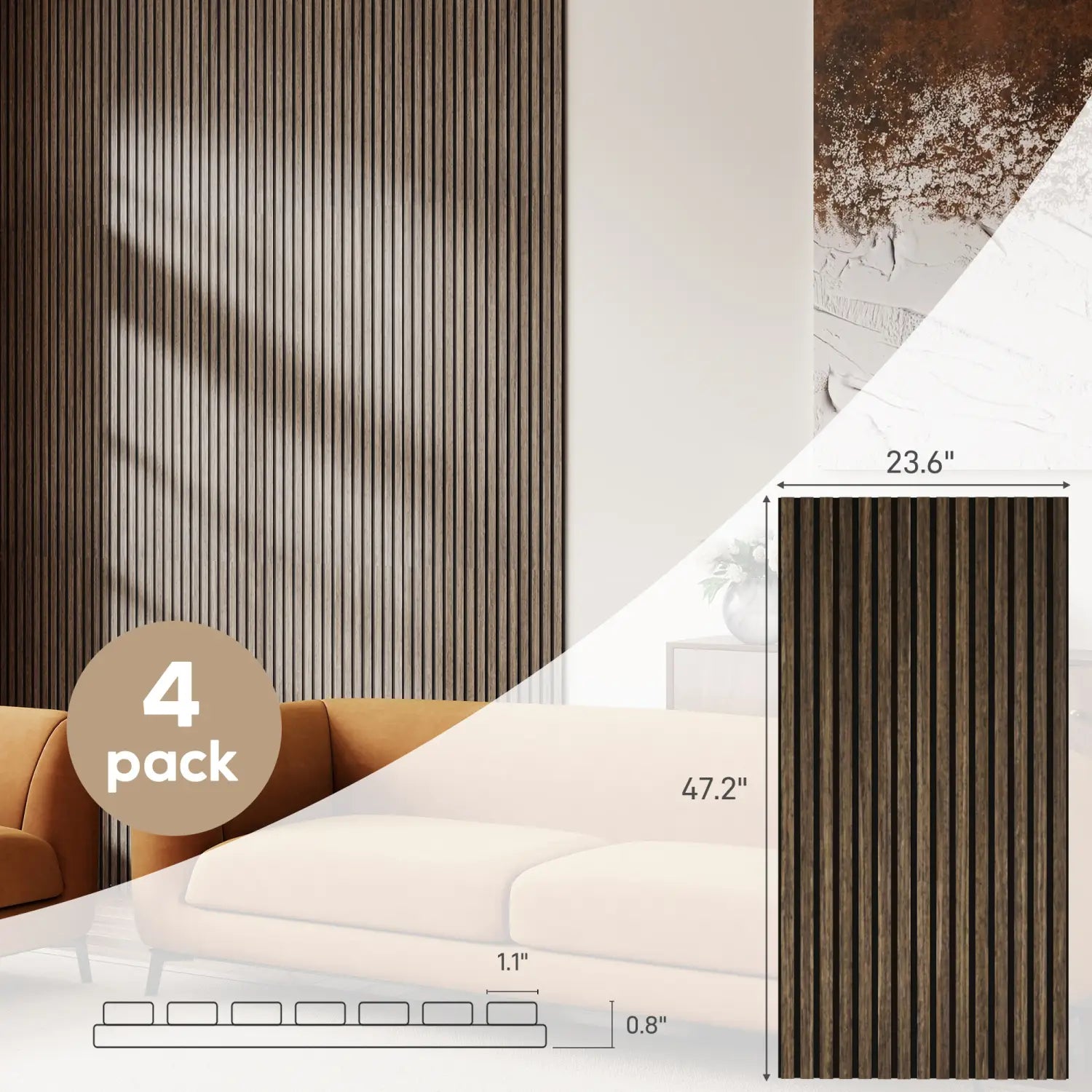 Acento de pared vertical de madera oscura color marrón oscuro hecho de paneles de listones de madera acústica de nogal, en un paquete de 4, para absorción del sonido y fines decorativos