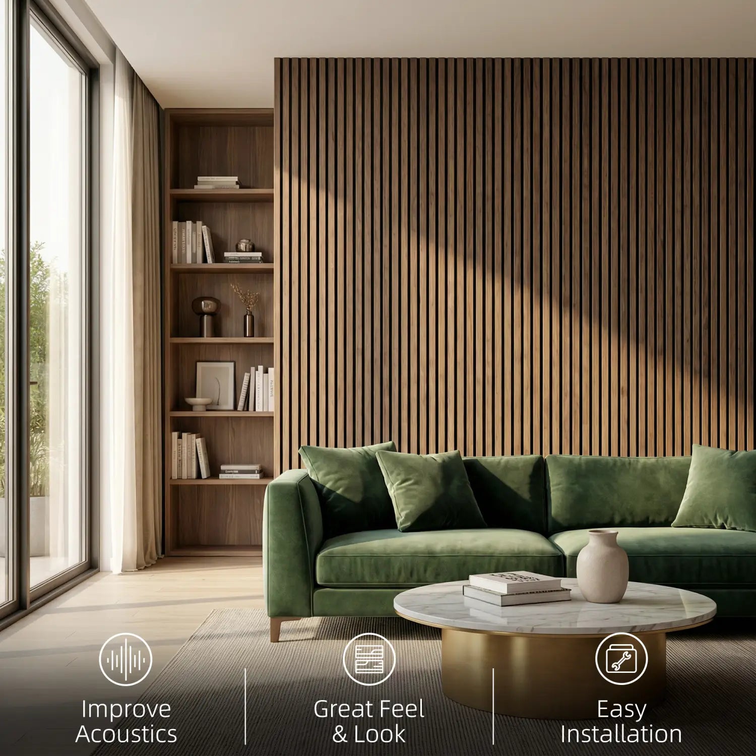 Sofá de terciopelo verde con cojines a juego, mostrado contra paneles de pared de listones de madera acústica de nogal, paquete de 4, que resalta la integración elegante de la materialidad y el diseño del producto