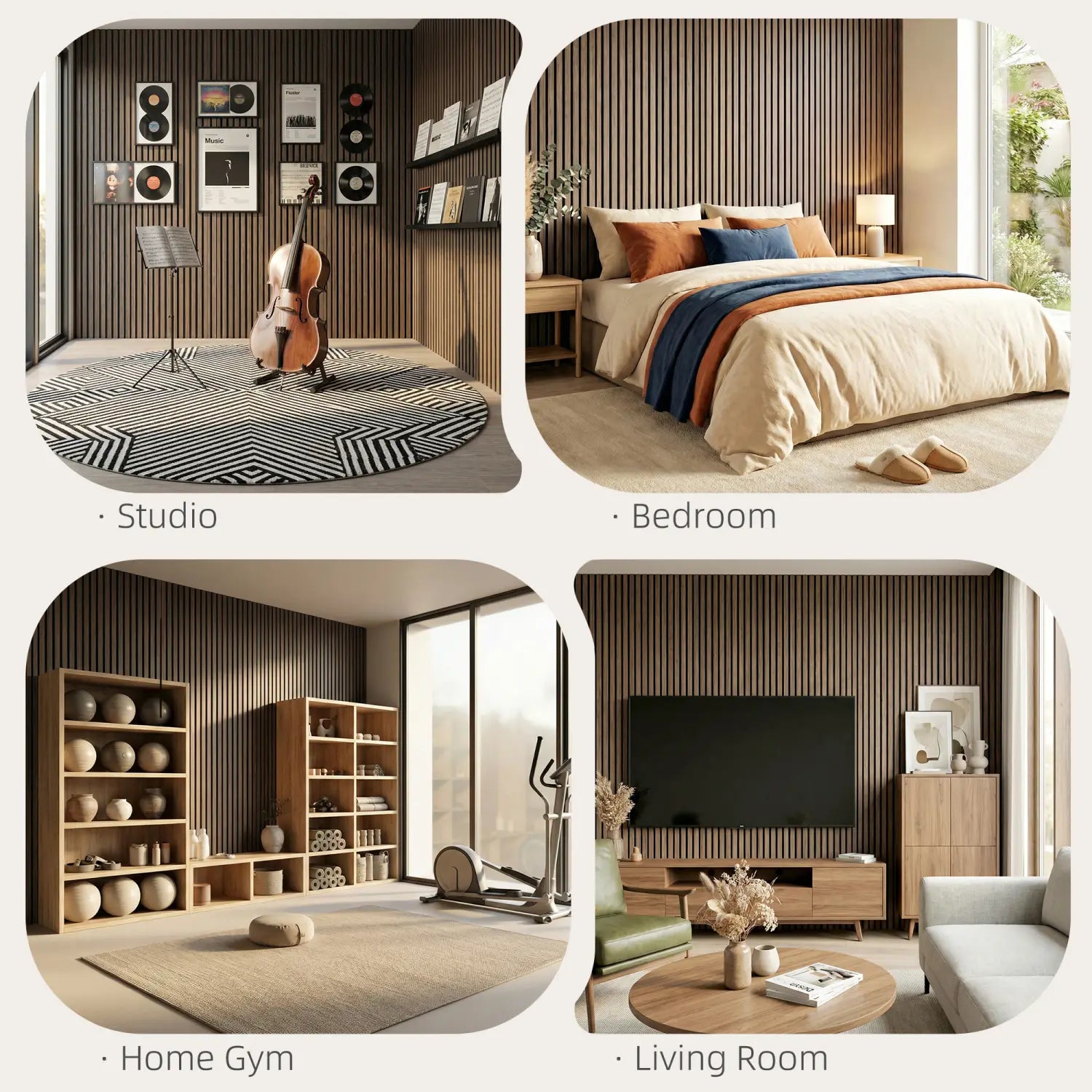 La imagen muestra cuatro interiores de habitación distintos que presentan paneles de pared de listones de madera acústica de nogal, paquete de 4, instalados en un estudio con un violonchelo y discos de vinilo, un dormitorio con una cama elegante en tonos beige, azul y naranja frente a un revestimiento de madera oscura, y un gimnasio en casa equipado con equipo de ejercicio y detalles de madera.