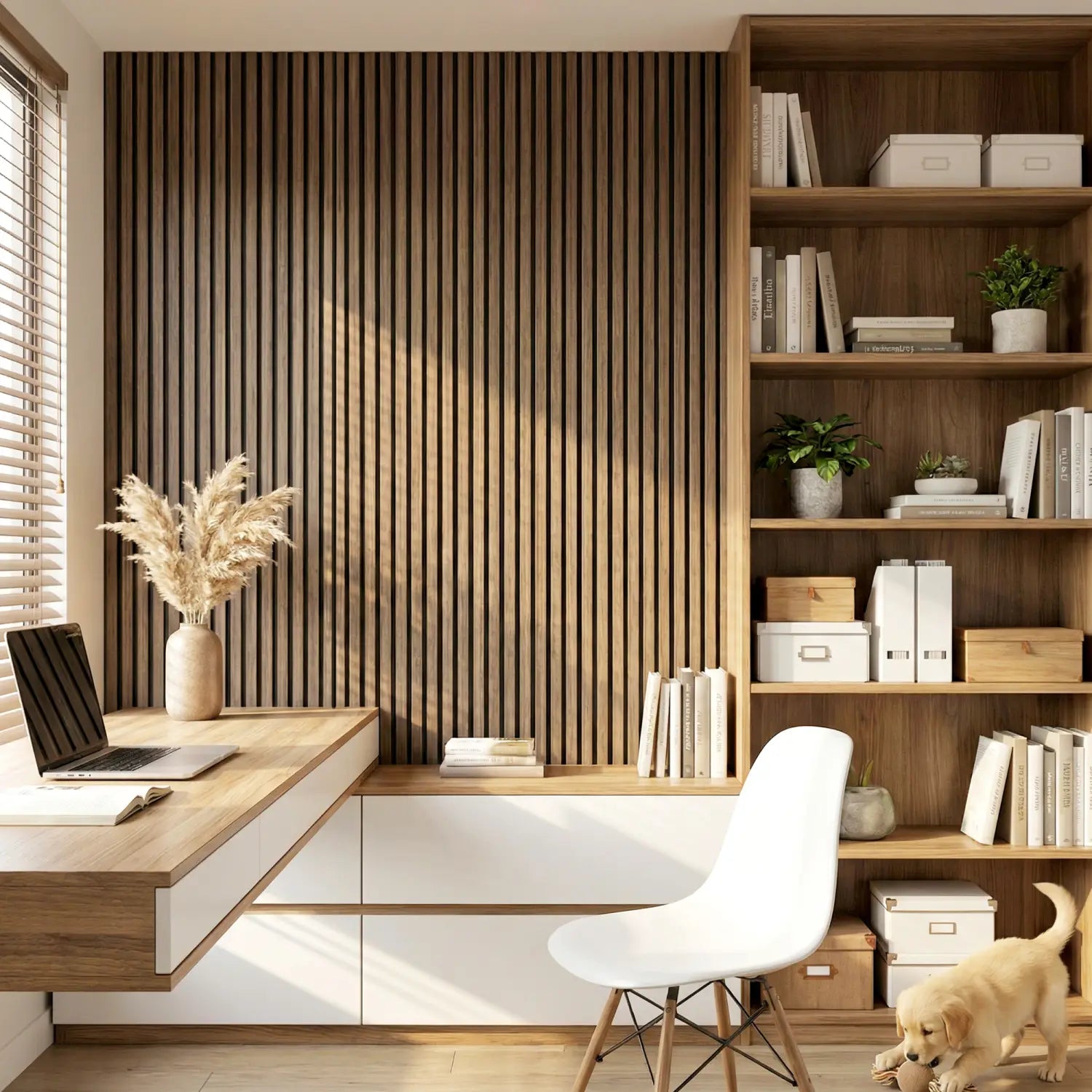 Paneles de pared de listones de madera acústica de madera de nogal, paquete de 4, que presentan ranuras verticales y tonos marrón cálido para paredes de acento decorativas.