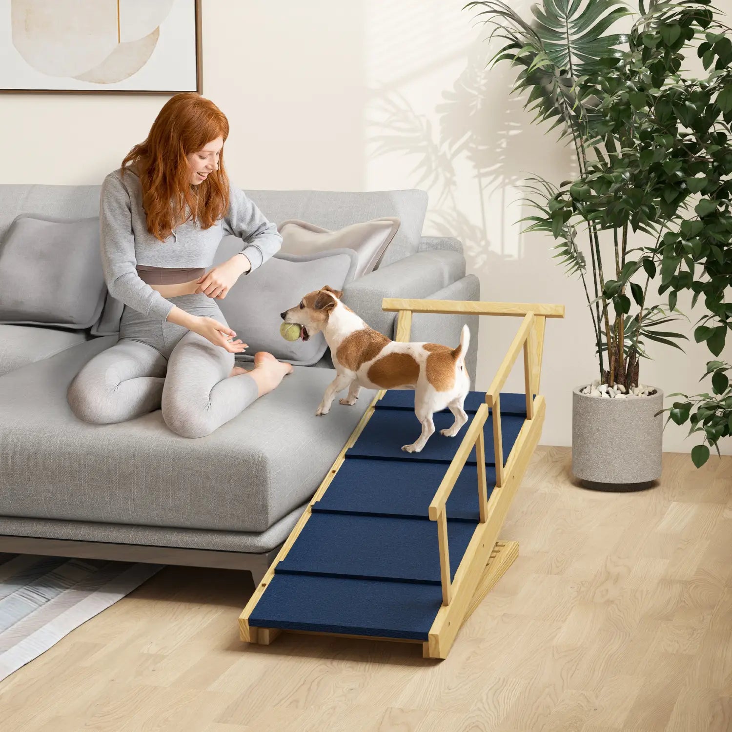Dog Ramp Adjustable Pine Wood Folding Pet Stairs