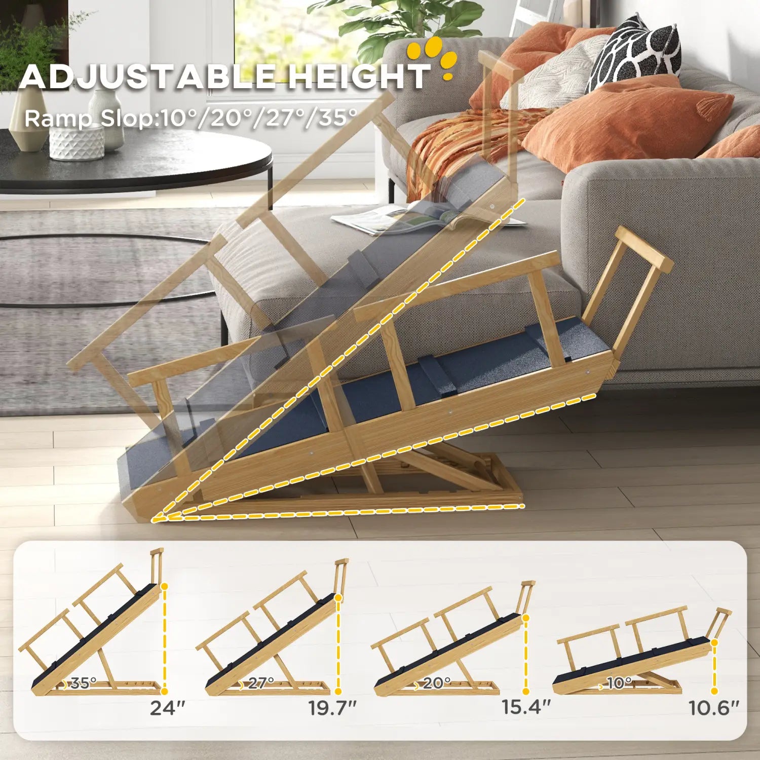 Dog Ramp Adjustable Pine Wood Folding Pet Stairs
