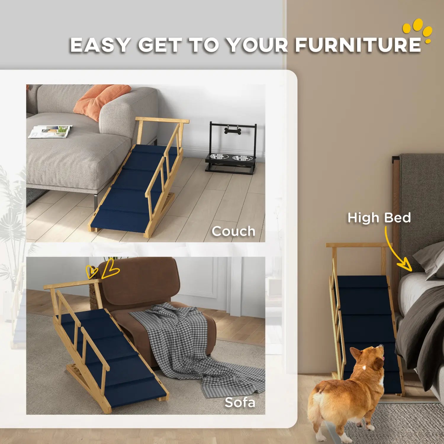 Dog Ramp Adjustable Pine Wood Folding Pet Stairs