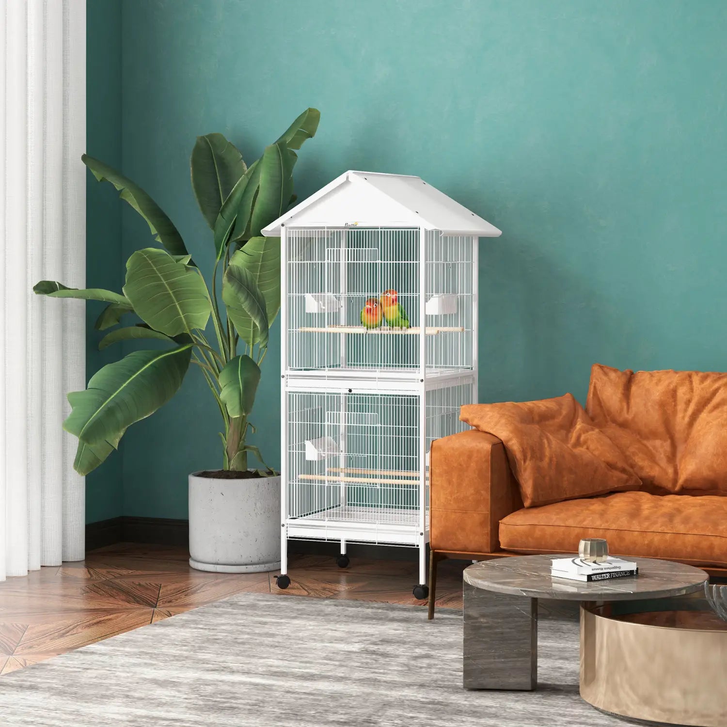 Jaula para aves con soporte con ruedas y posaderos de 67'' color blanco