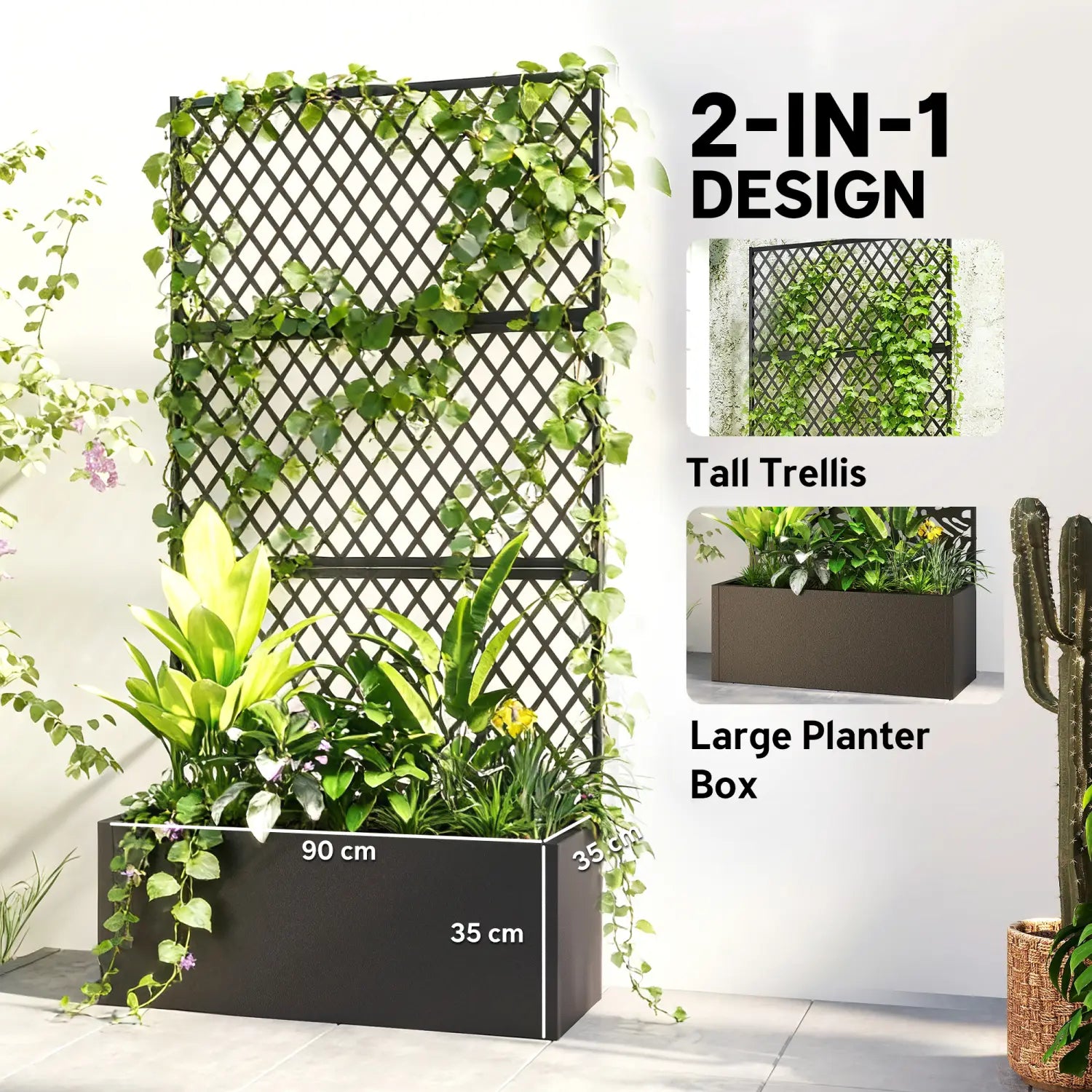 Black metal 2-in-1 garden trellis and planter box with a lattice design and integrated horizontal rails for climbing plants.