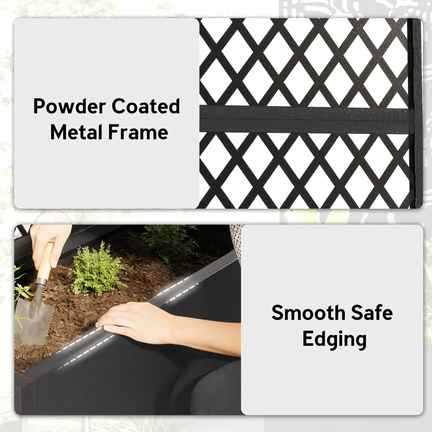 Black powder-coated metal trellis planter box raised garden bed with diamond lattice frame and smooth rounded edges in black