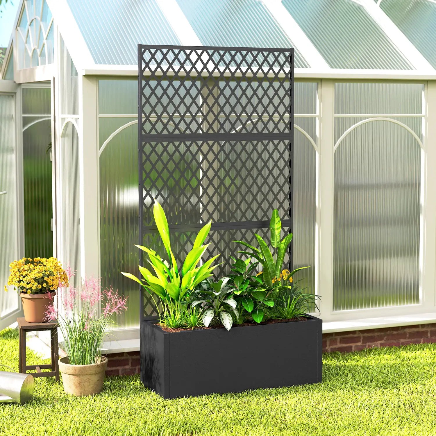 Black metal lattice planter box with rectangular base and diamond patterned trellis top filled with lush green plants designed as a raised garden bed.