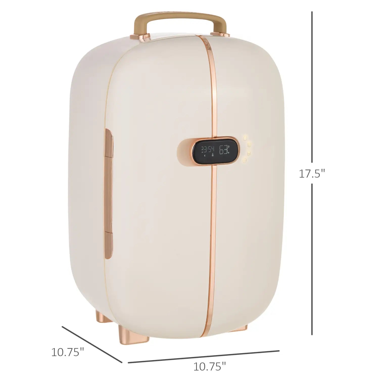 Cream-colored 12l portable beauty fridge with rose gold accents and a digital led display designed for compact storage.