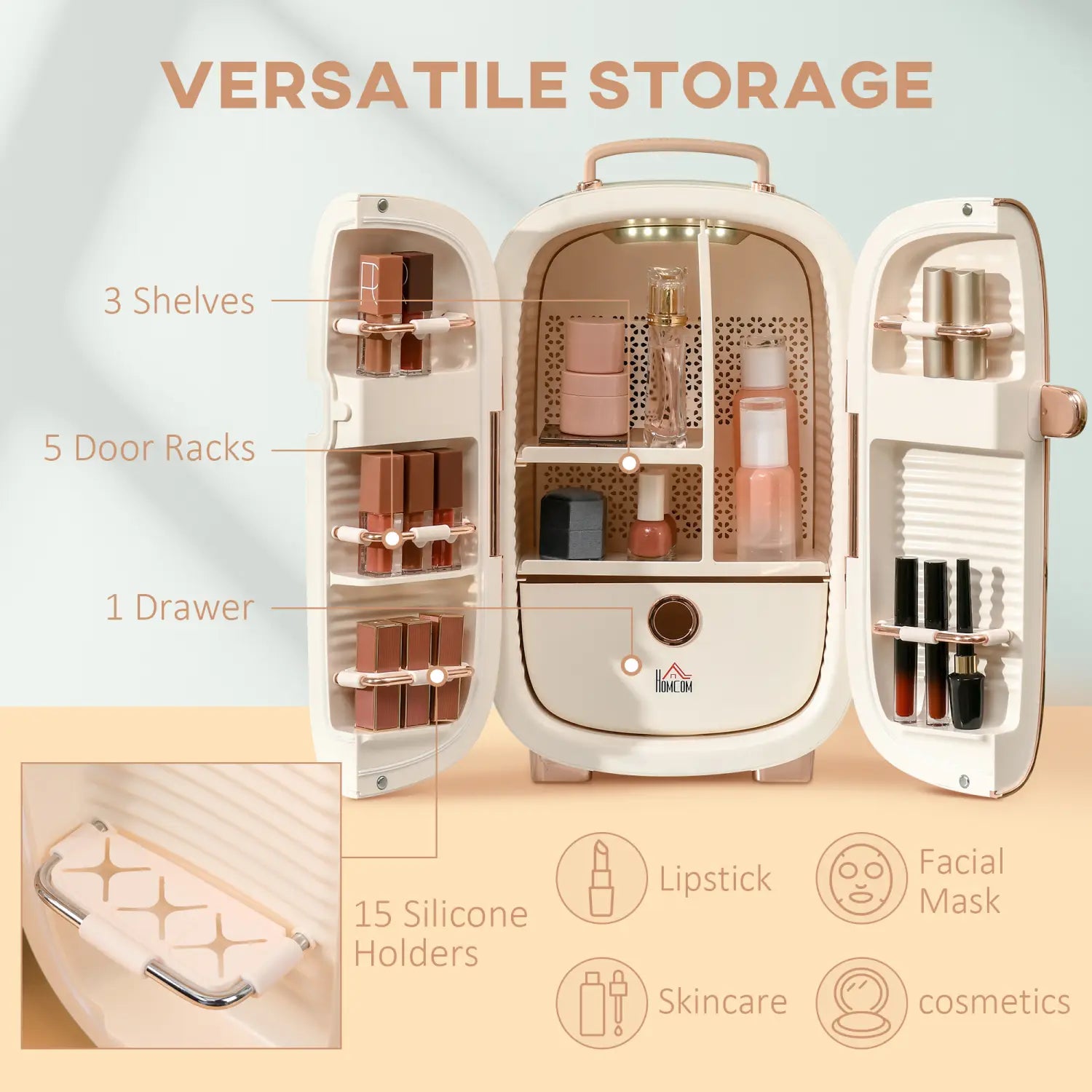 Cream-colored 12l portable beauty fridge with led display, rose gold accents, and a top handle.