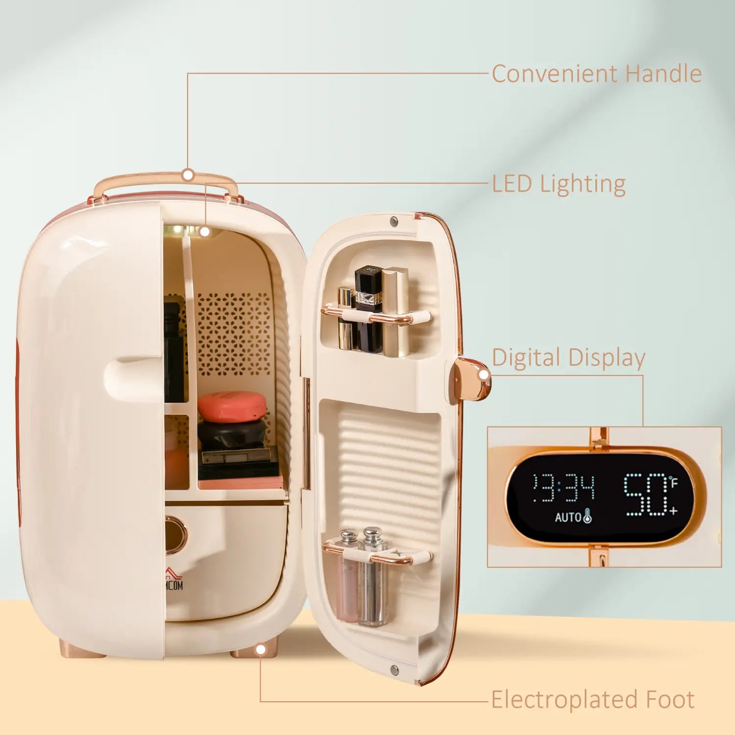 Cream-colored 12l portable beauty fridge with rose gold accents and a digital LED display showing temperature.