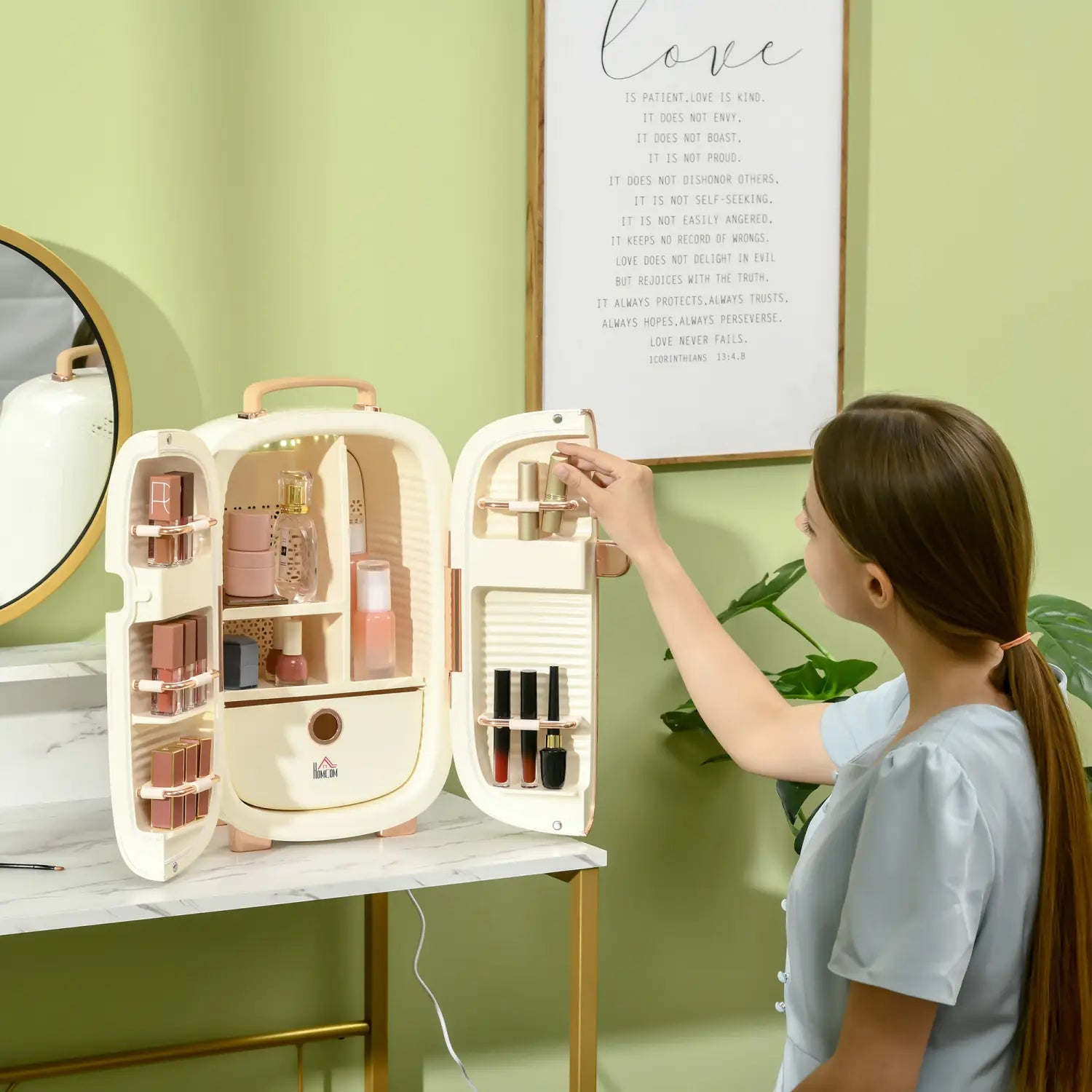 Cream-colored compact 12l portable beauty fridge with led display, rose gold accents, interior lighting, and multiple shelves for cosmetics organization.