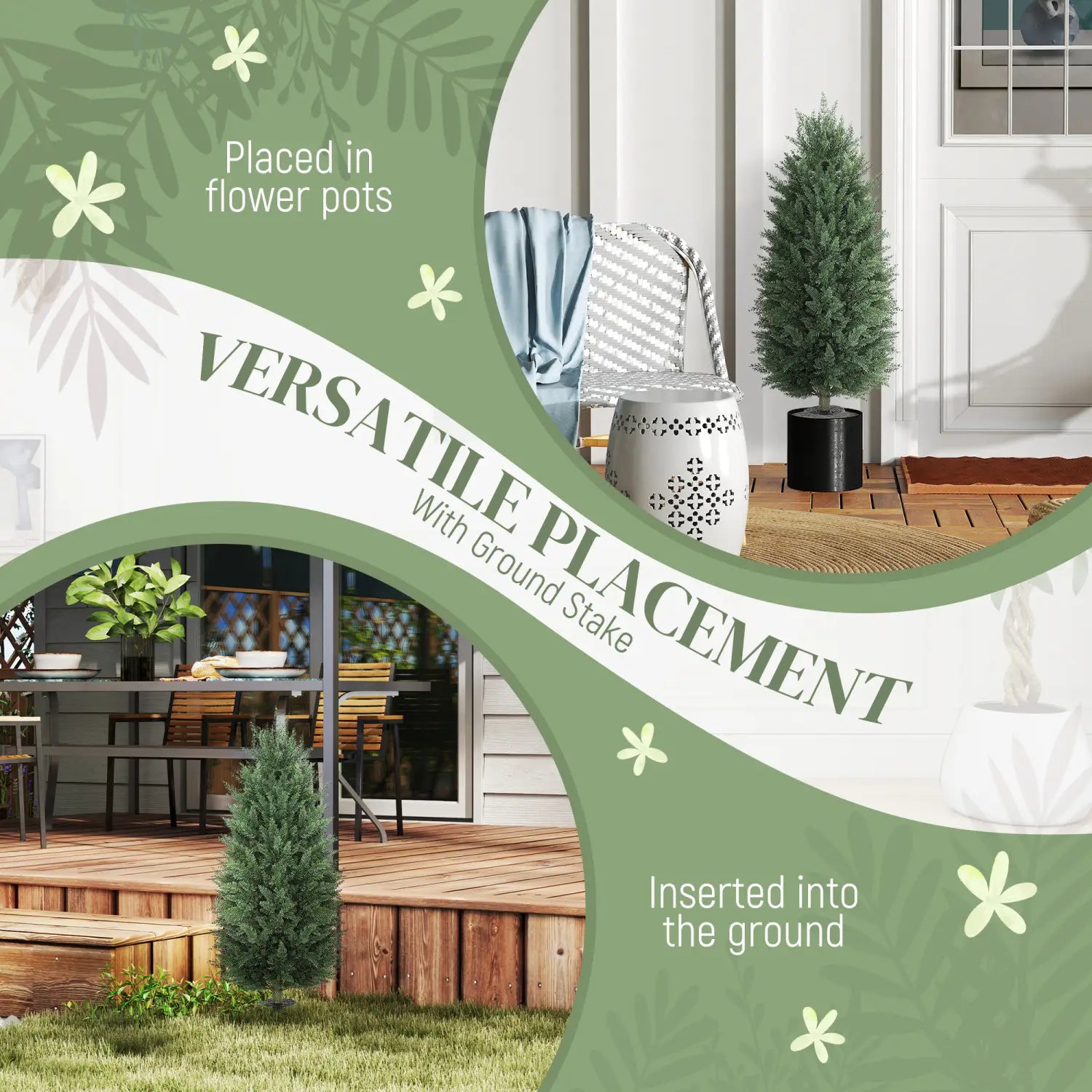 white ceramic planter with black geometric cutout pattern containing artificial cypress topiary trees 43 inch set of 2