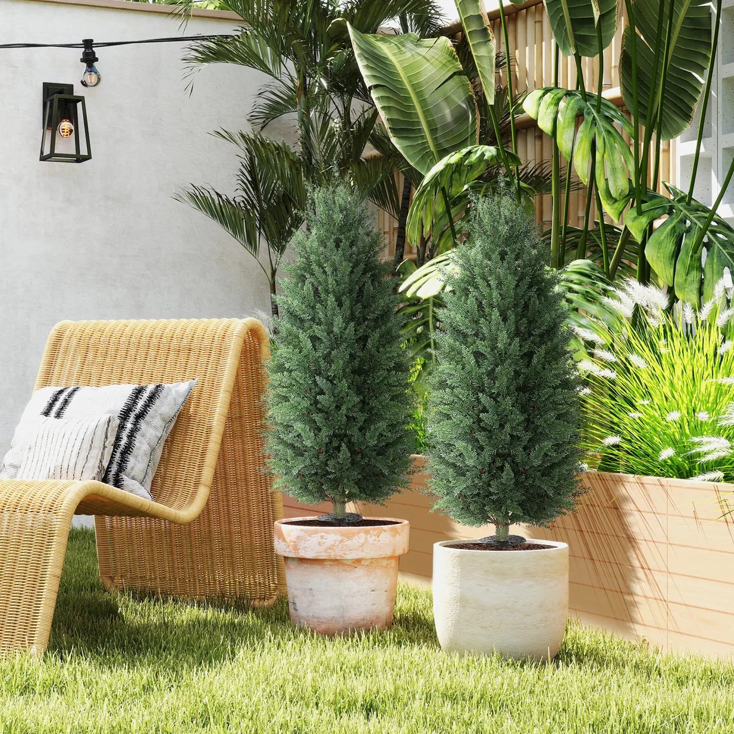 Two tall slender artificial cypress topiary trees with dense green foliage in weathered white ceramic pots designed for indoor or outdoor decoration.